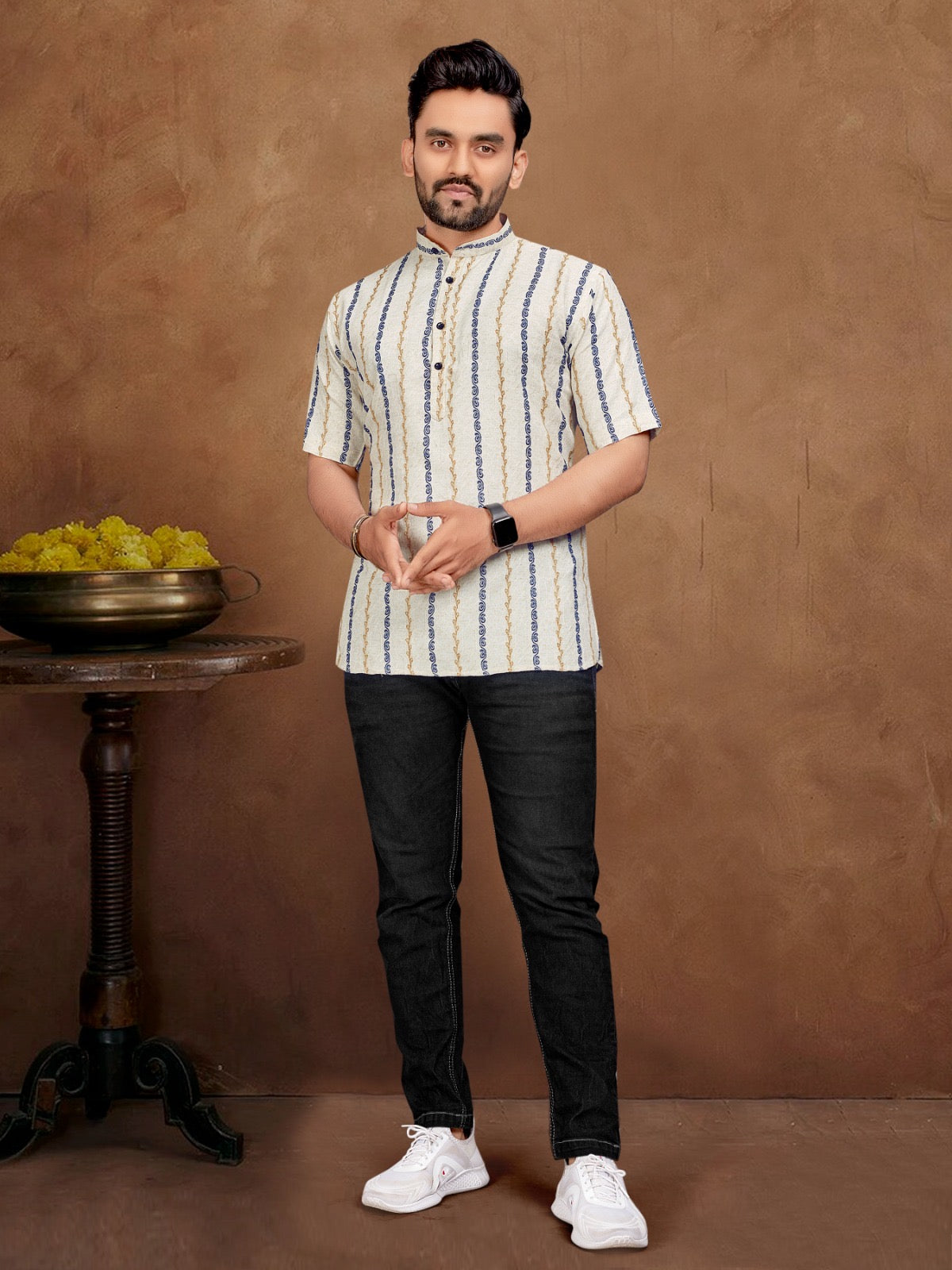 Blue Yellow Color Stripe Cotton Short Kurta Shirt For Men
