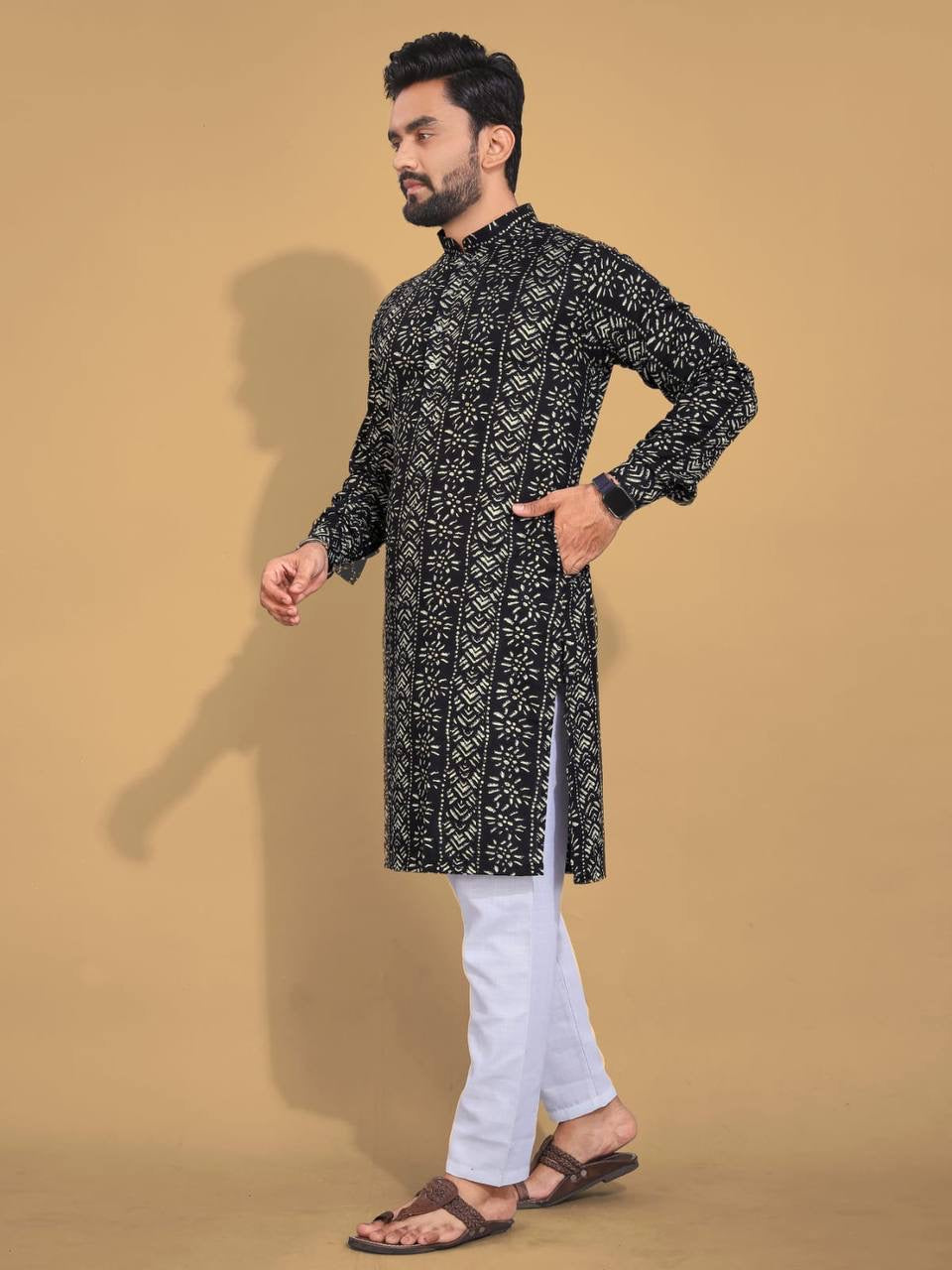 Black Color Cotton Foil Print Kurta pajama For Men