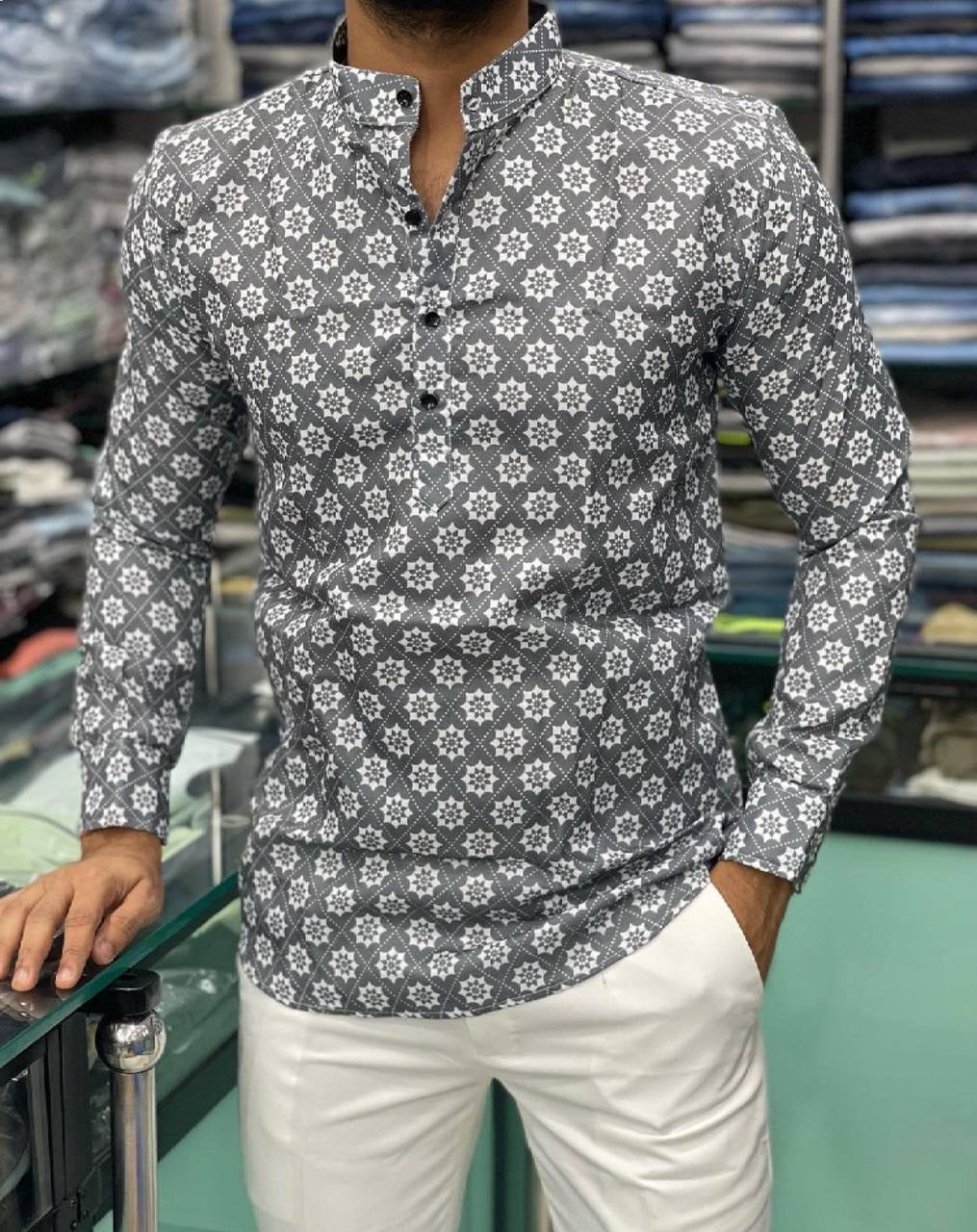 Grey Printed Short Kurta for men