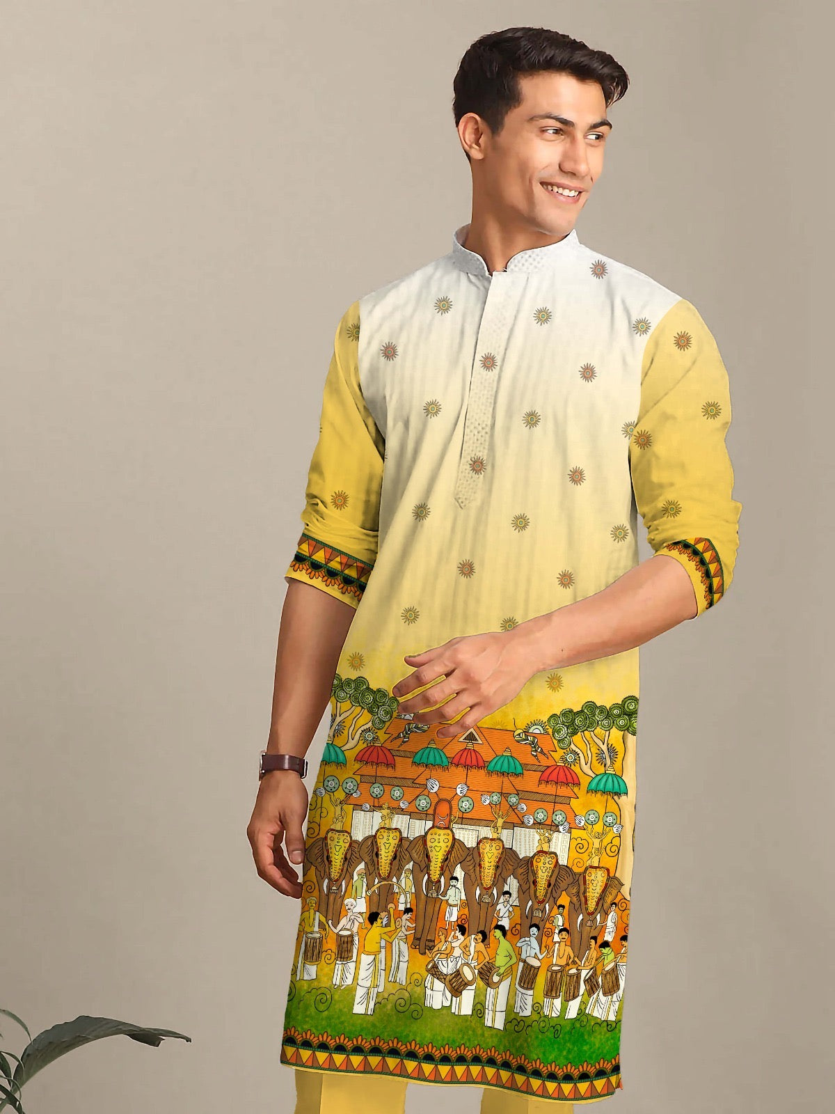 Reyon Silk Digital Print Kurta For Men
