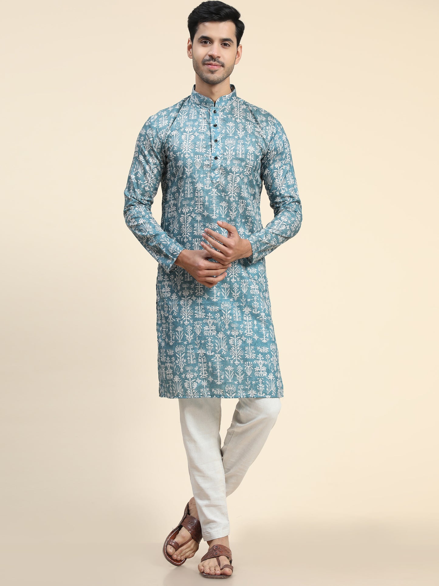 Rama blue Digital Printed Kurta Pajama for Men