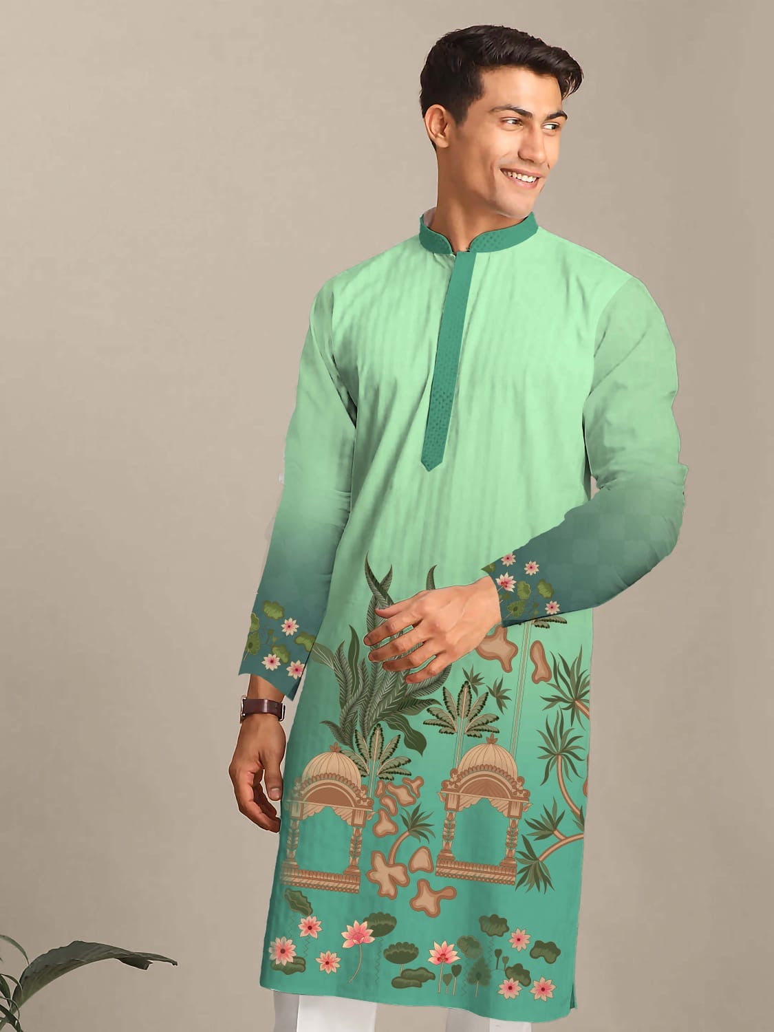 Reyon Silk Digital Print Kurta For Men