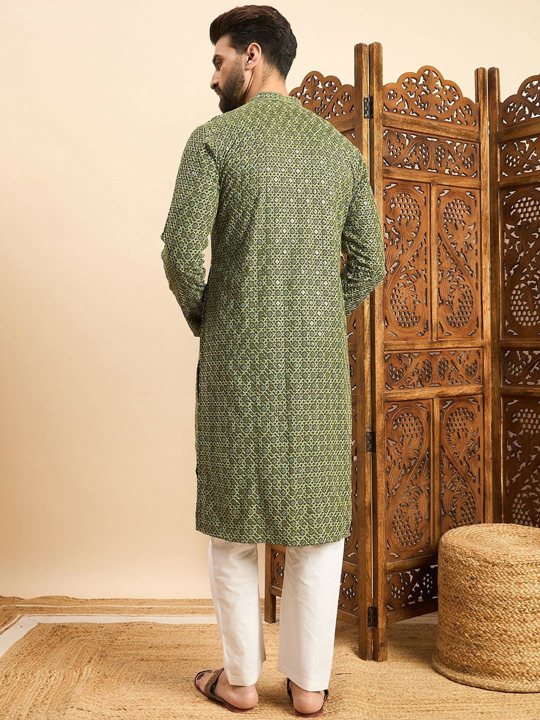 Green Color Reyon with Embroidery and Sequence Work Kurta For Men