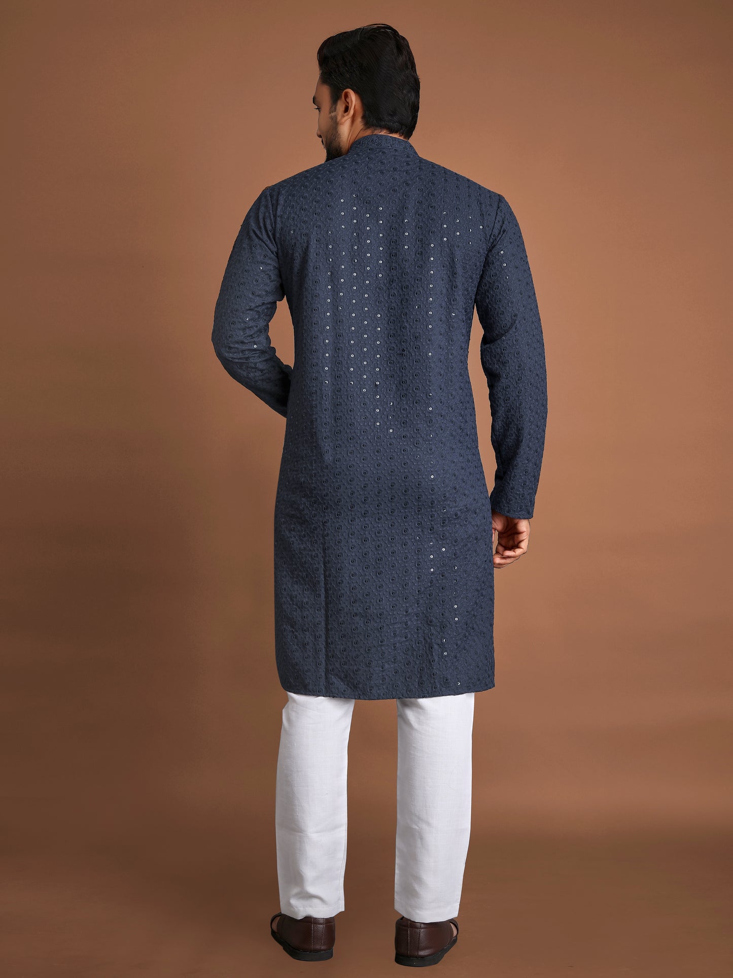 Manyawar Grey Embroidery Sequence Kurta Pyjama for Men