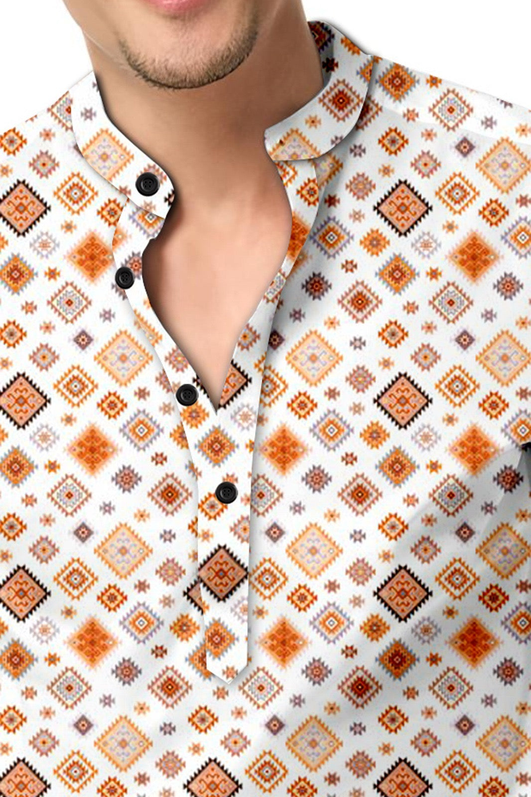 Orange Color Printed Short Kurta Shirt For Men