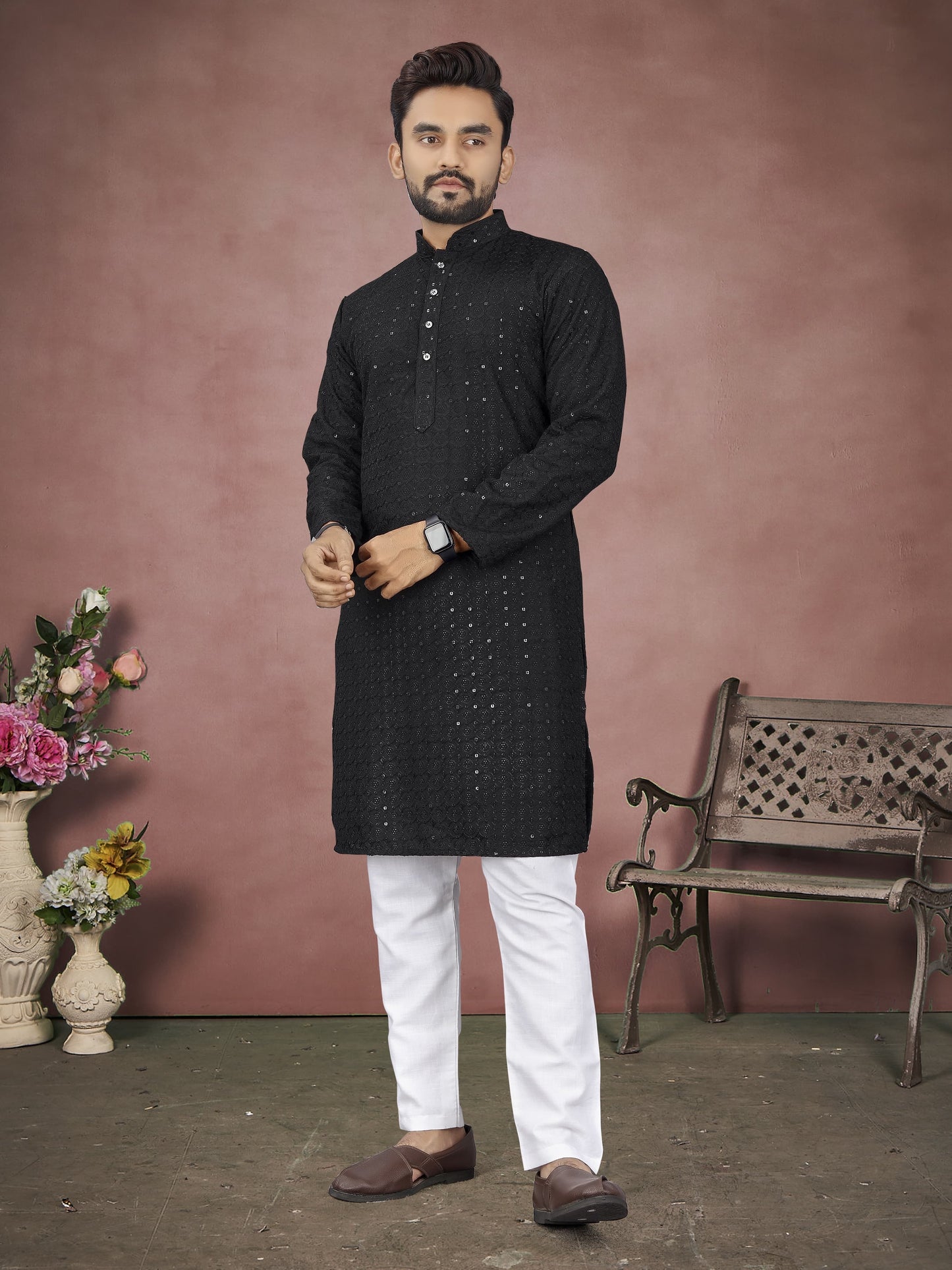 Lucknowi Sequence Work Kurta Pyjama For Men