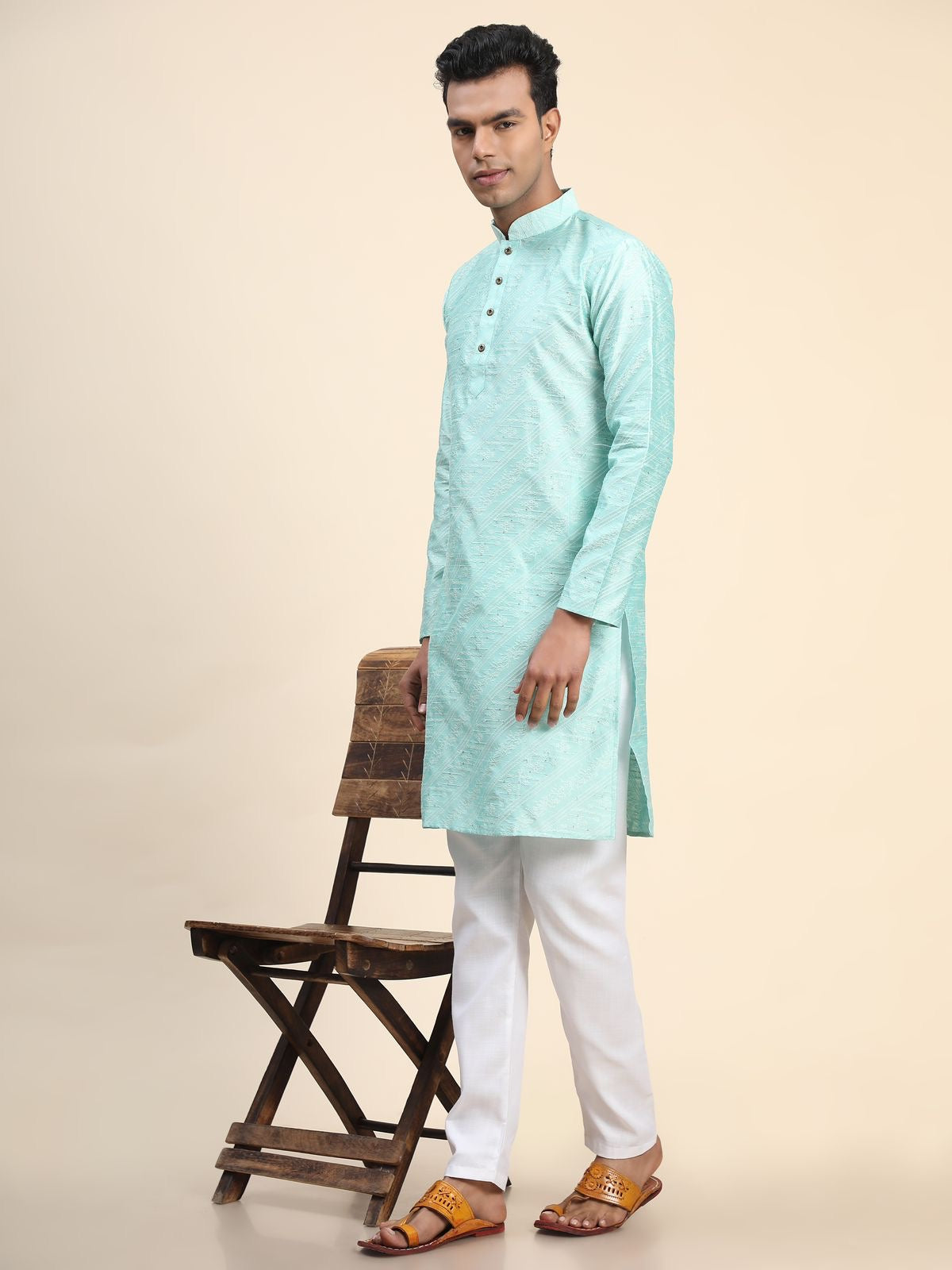 Sea Green Leheriya Sequence Work Kurta Pyjama for Men