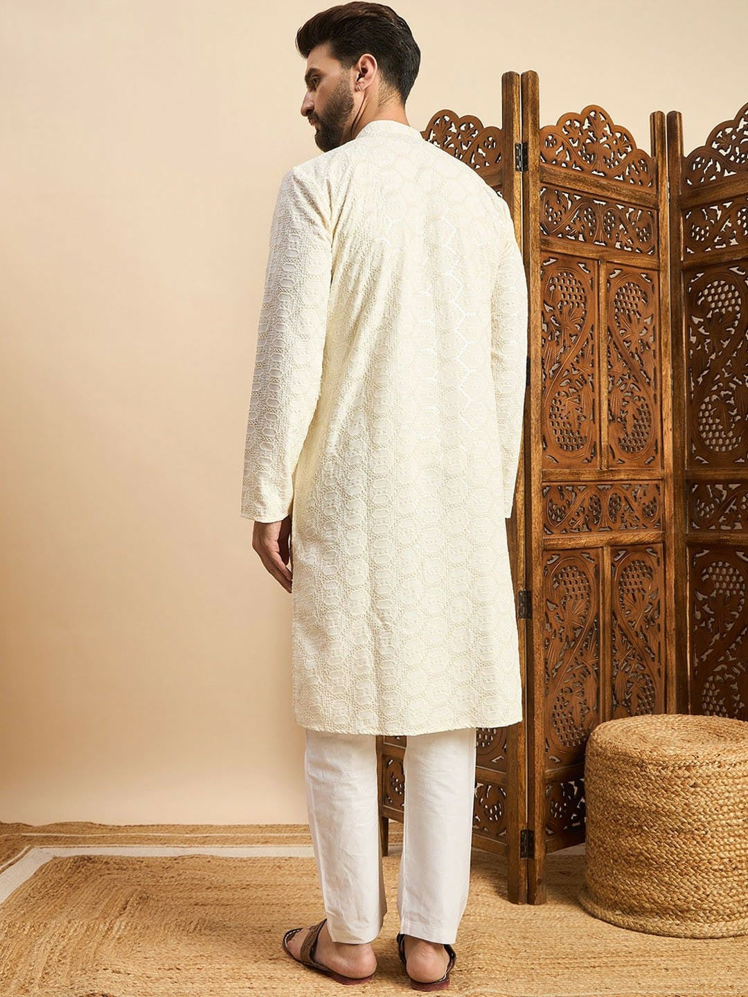 Cream Reyon with Embroidery and Sequence Work Kurta For Men