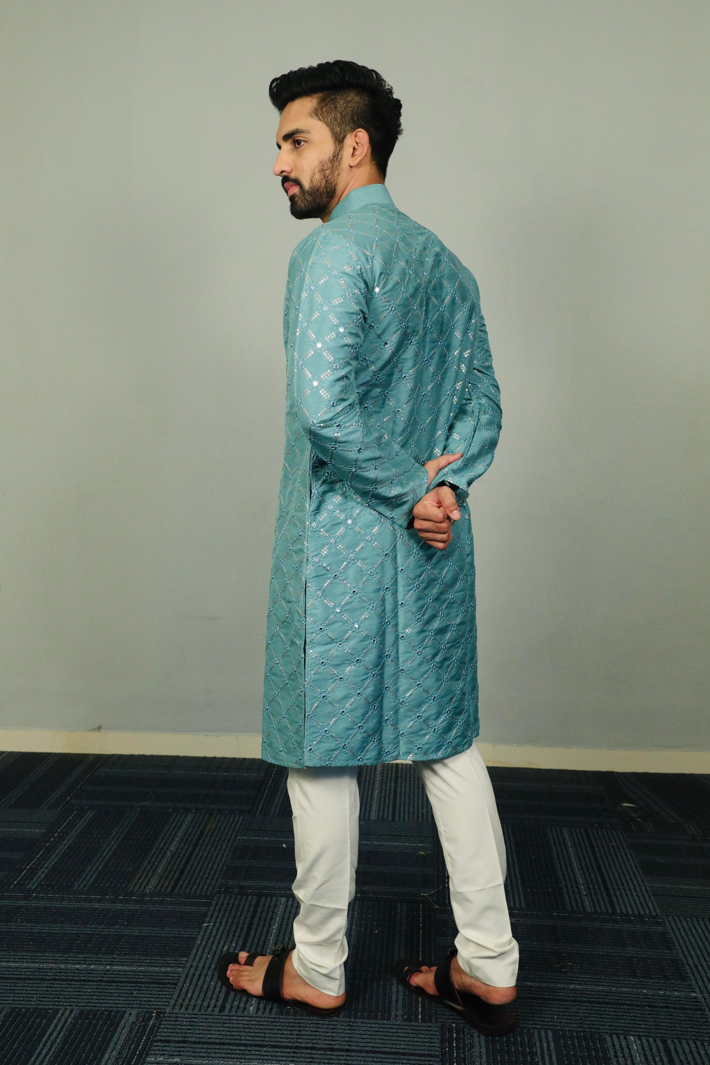 Sequins Mirror Embroidery Work Kurta Pajama for Men