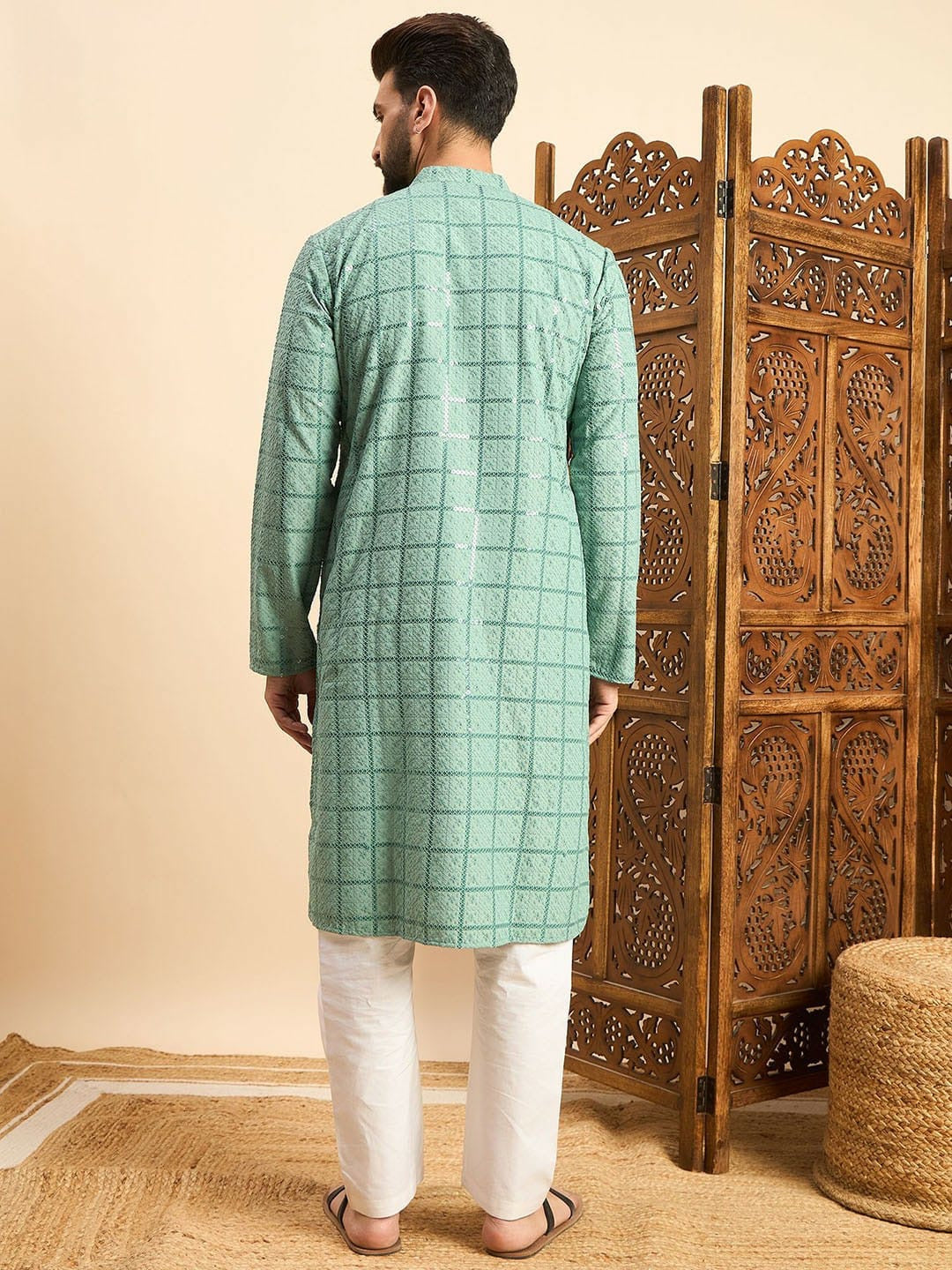 Torquoise Reyon with Embroidery and Sequence Work Kurta For Men