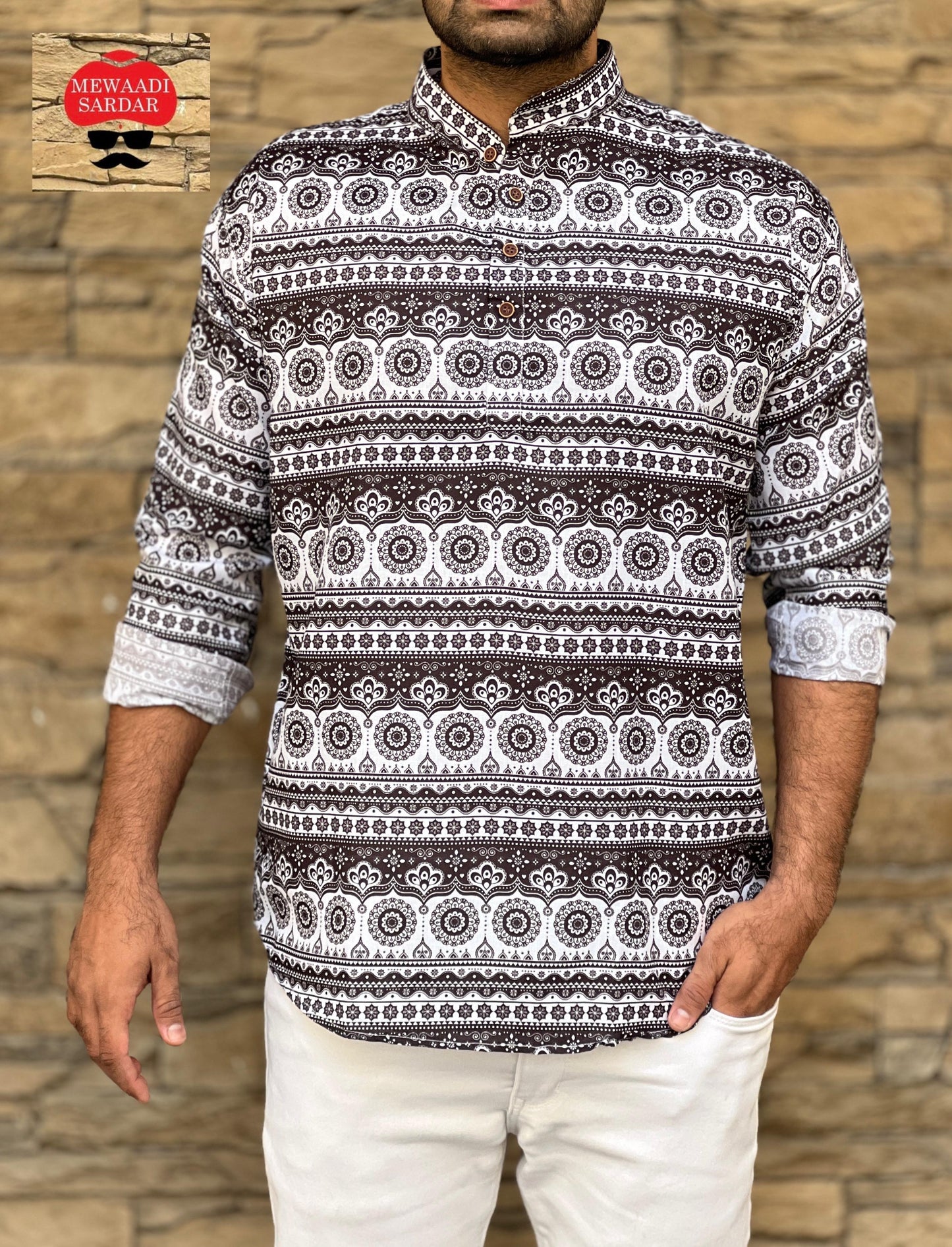 Leo Black and White Cotton Printed Short Kurta for Men