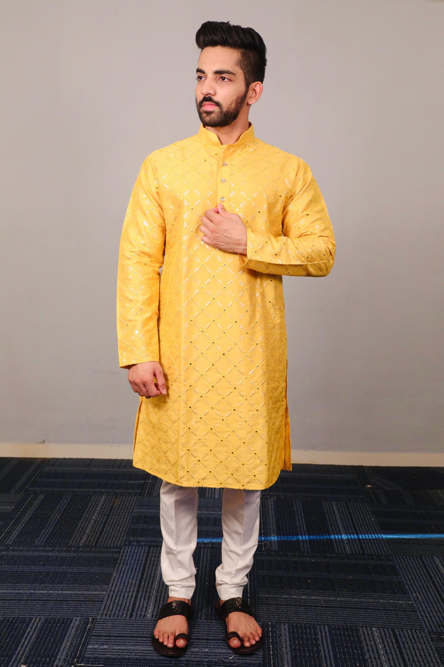 Sequins Mirror Embroidery Work Kurta Pajama for Men