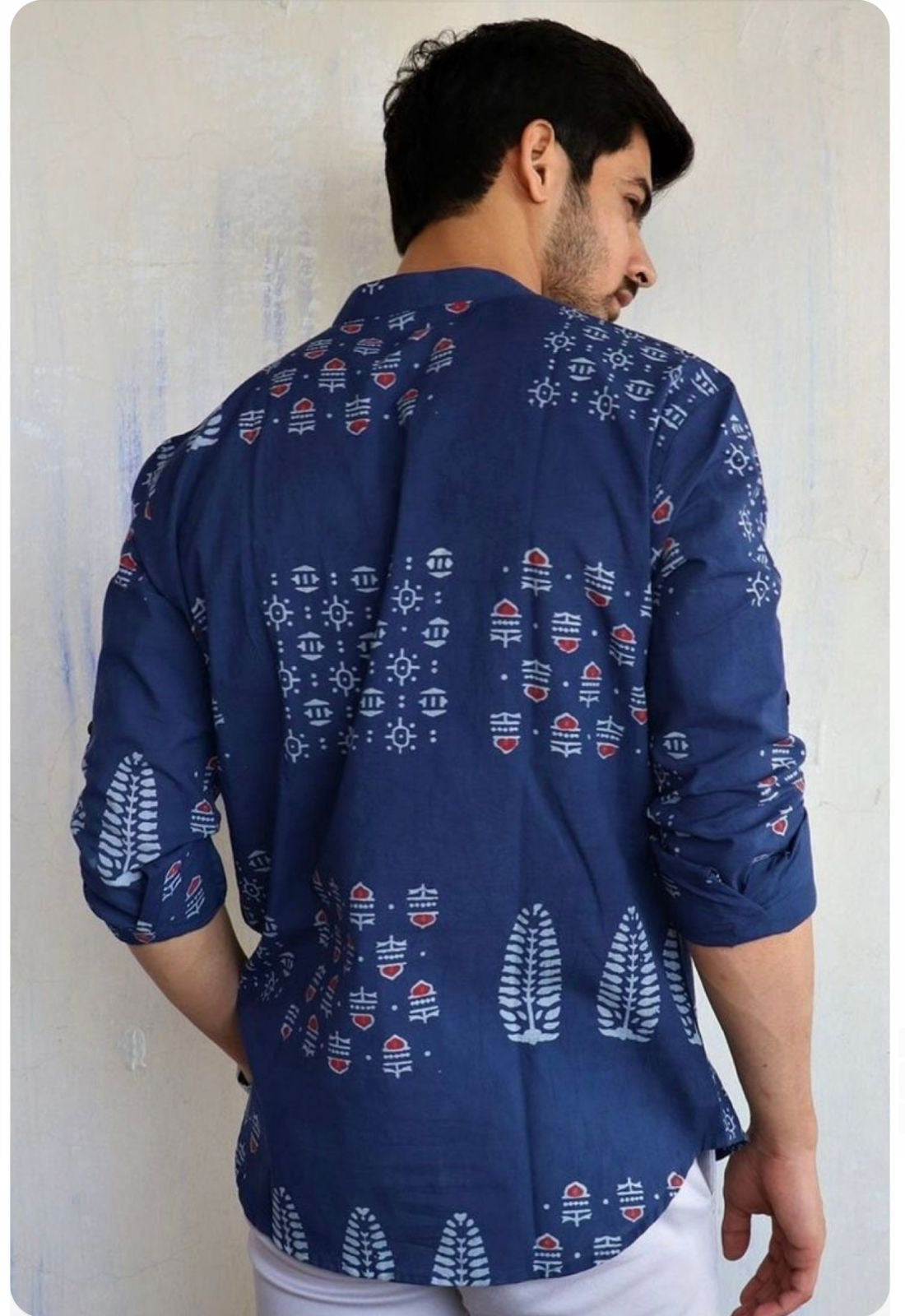 Blue Printed Short Kurta Shirt For Men