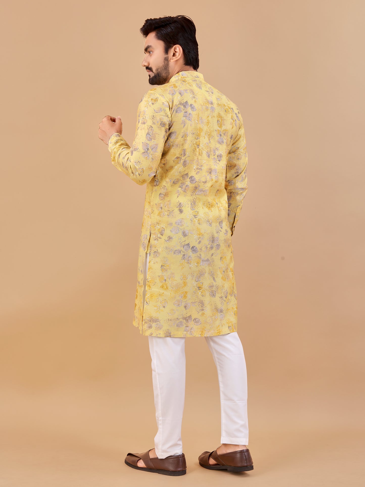 Manzar Yellow Cotton Foil Printed Kurta Pyjama for Men