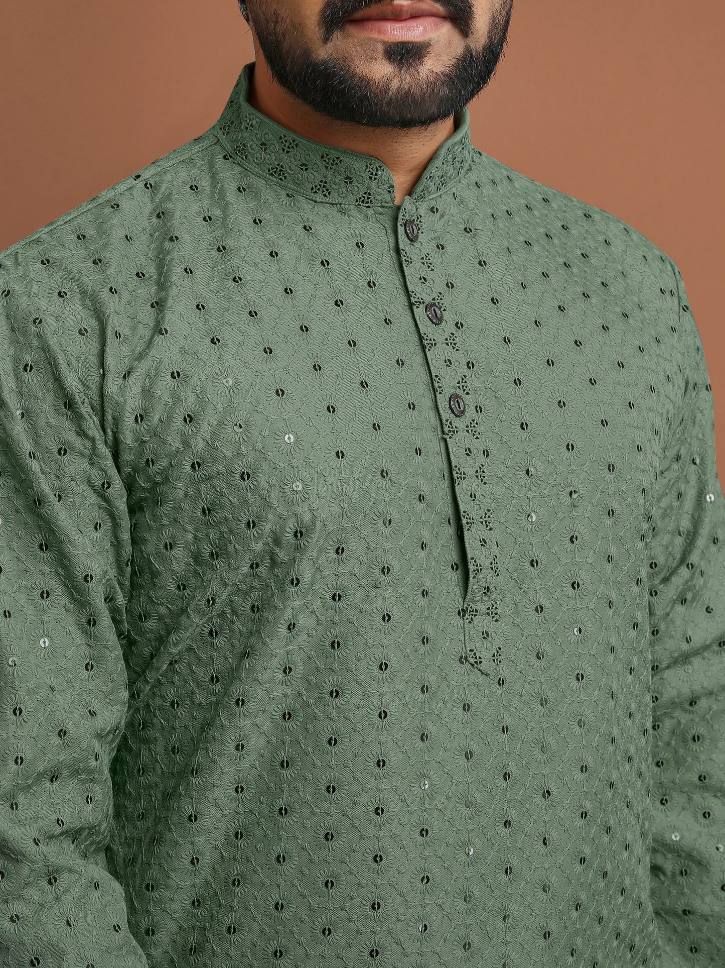 Manyawar Pista Embroidery Sequence Kurta Pajama for Men