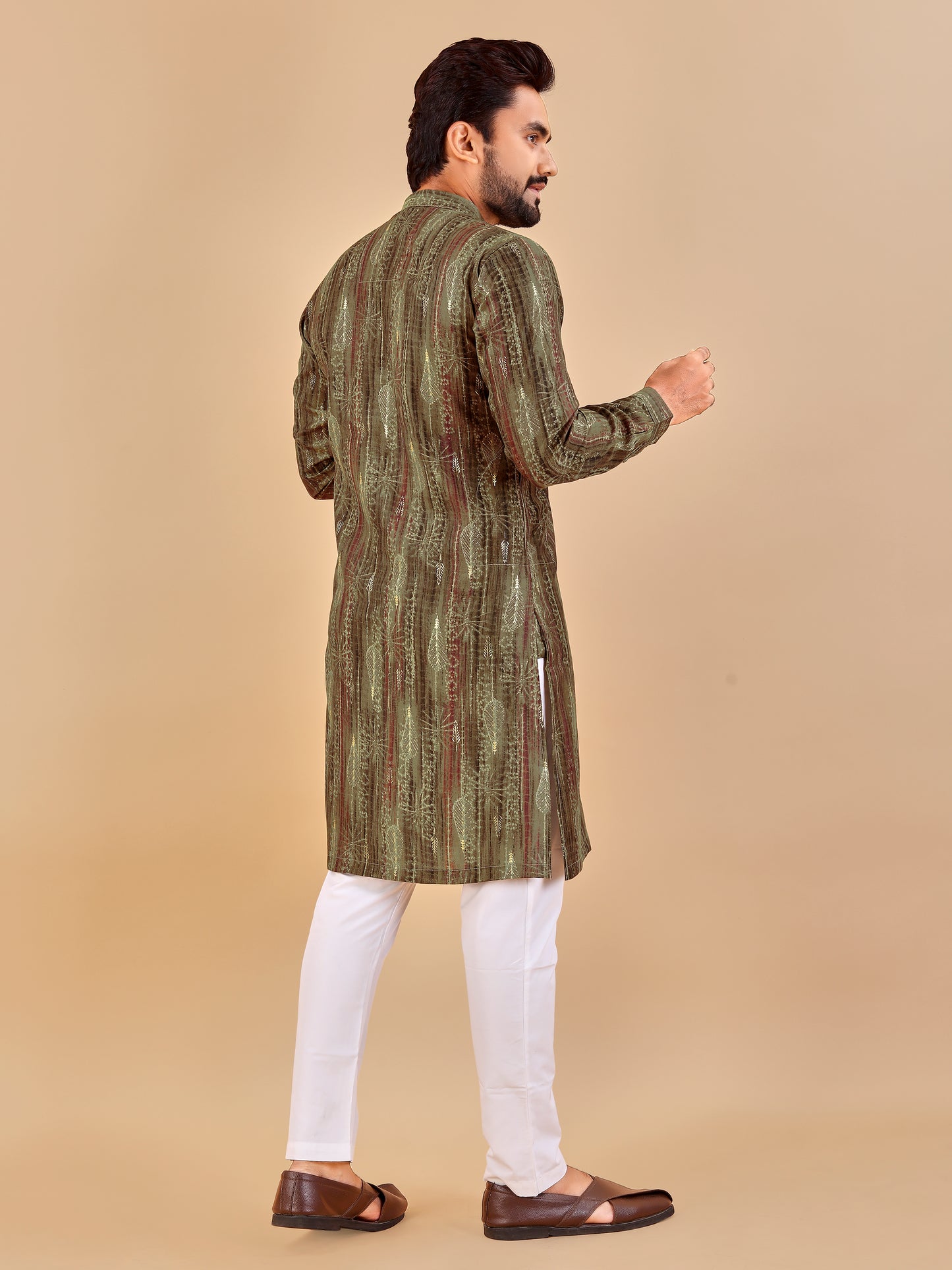Manzar Mehendi Cotton Foil Printed Kurta Pajama for Men