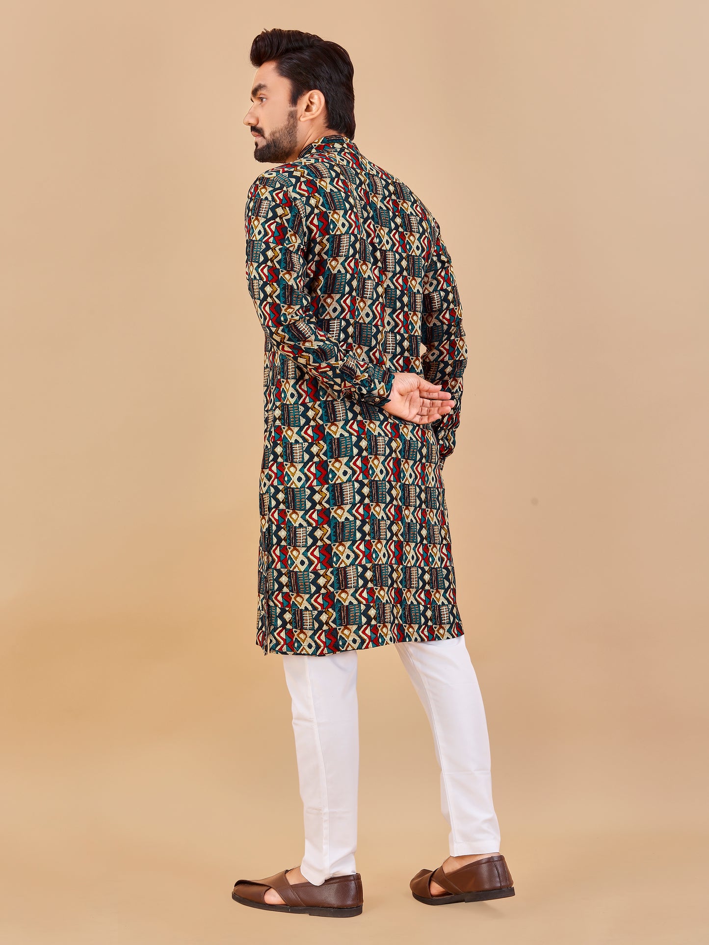 Manzar Rama Red Cotton Foil Printed Kurta Pyjama for Men