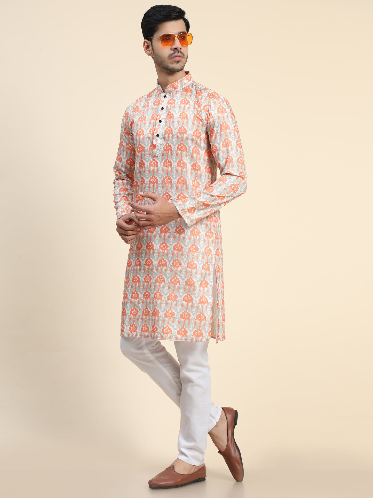 Orange peach Digital Printed Kurta pajama for Men
