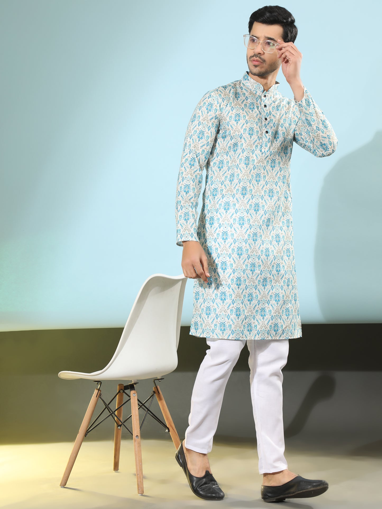 Sky blue Digital Printed Kurta Pyjama for Men