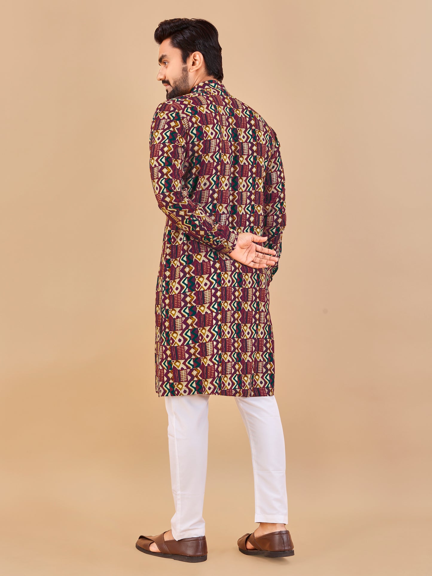 Manzar Maroon Cotton Foil Printed Kurta Pajama for Men