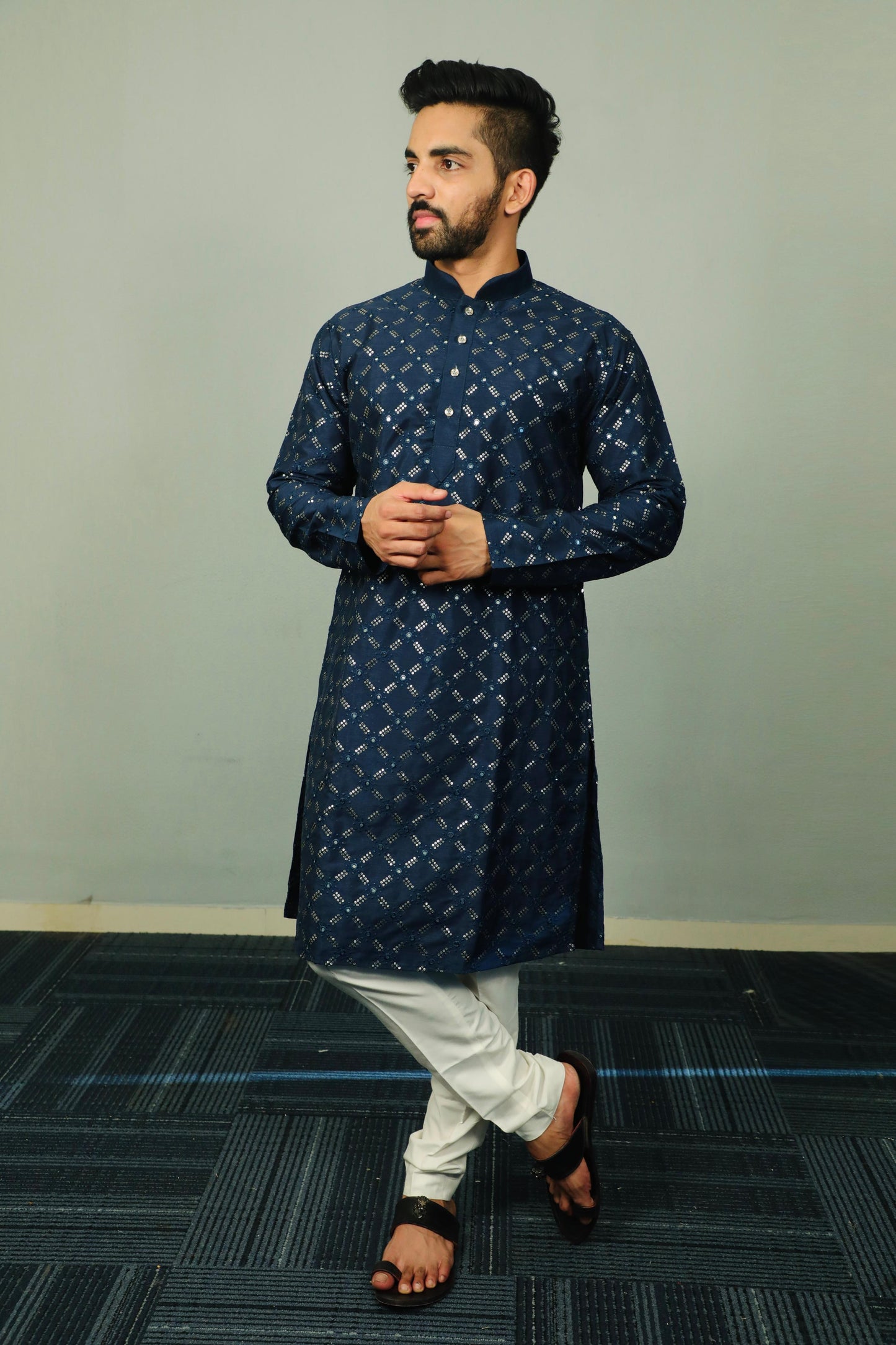 Sequins Mirror Embroidery Work Kurta Pajama for Men