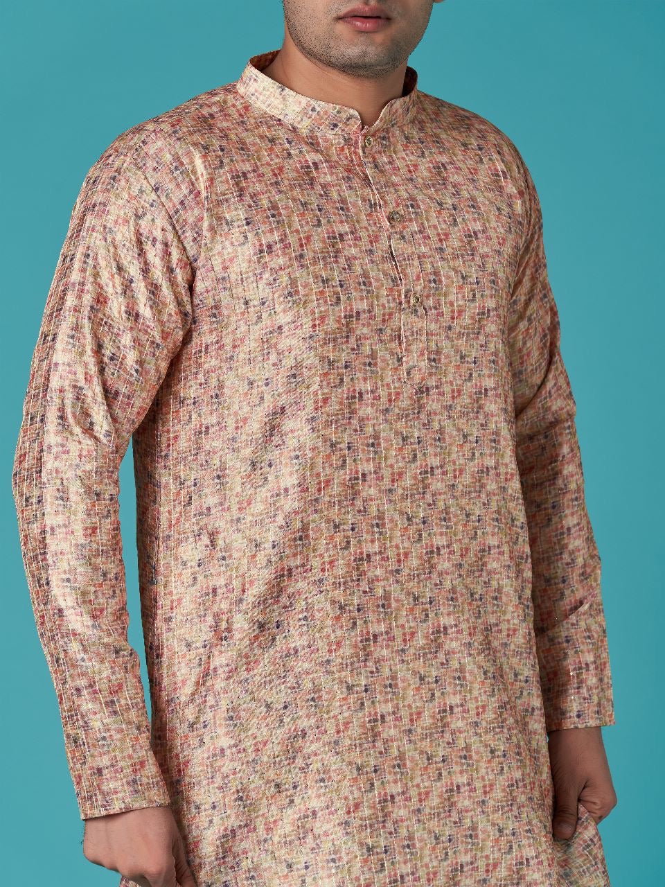 Trendy Printed Sequins Kurta Pyjama For Men