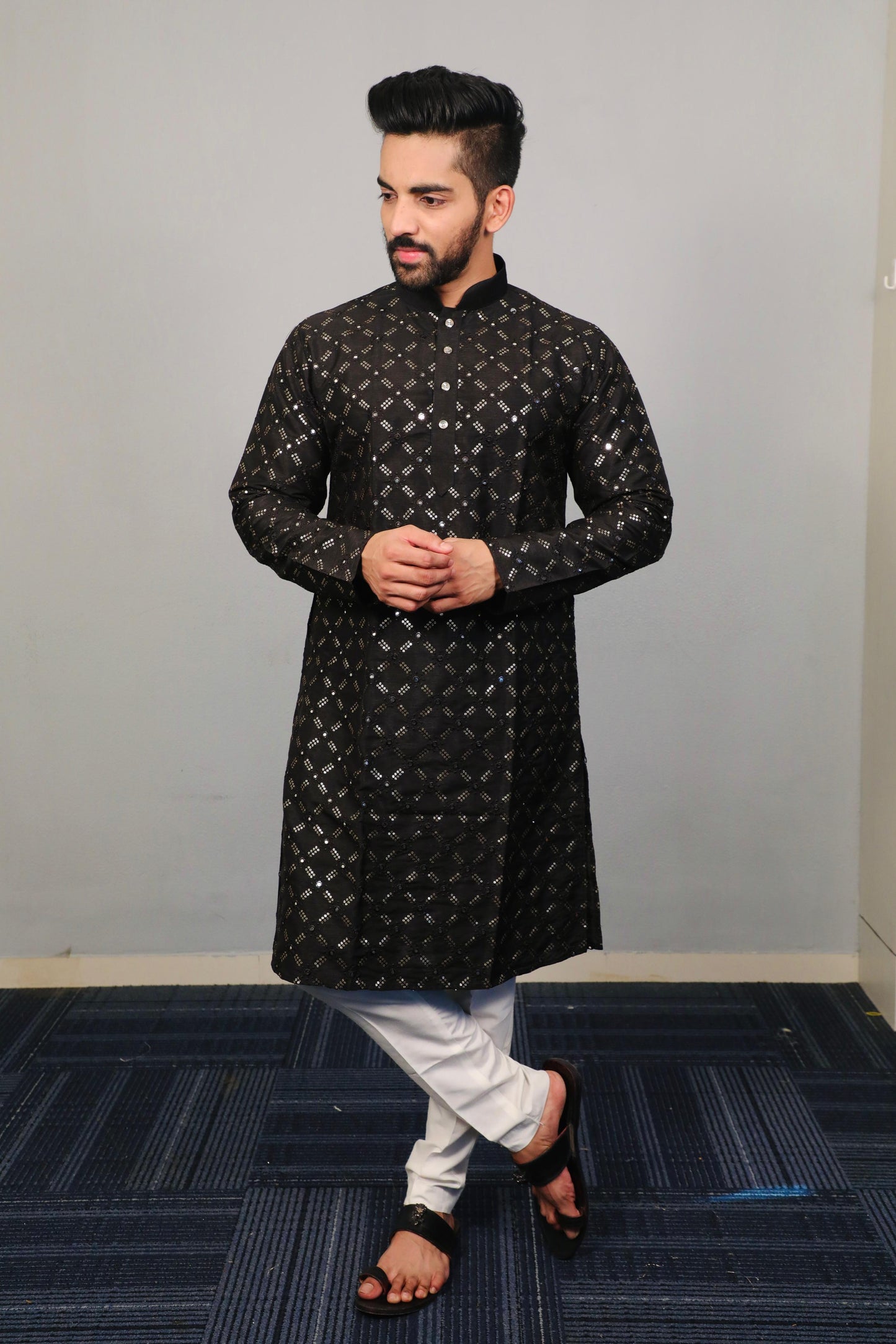 Sequins Mirror Embroidery Work Kurta Pajama for Men