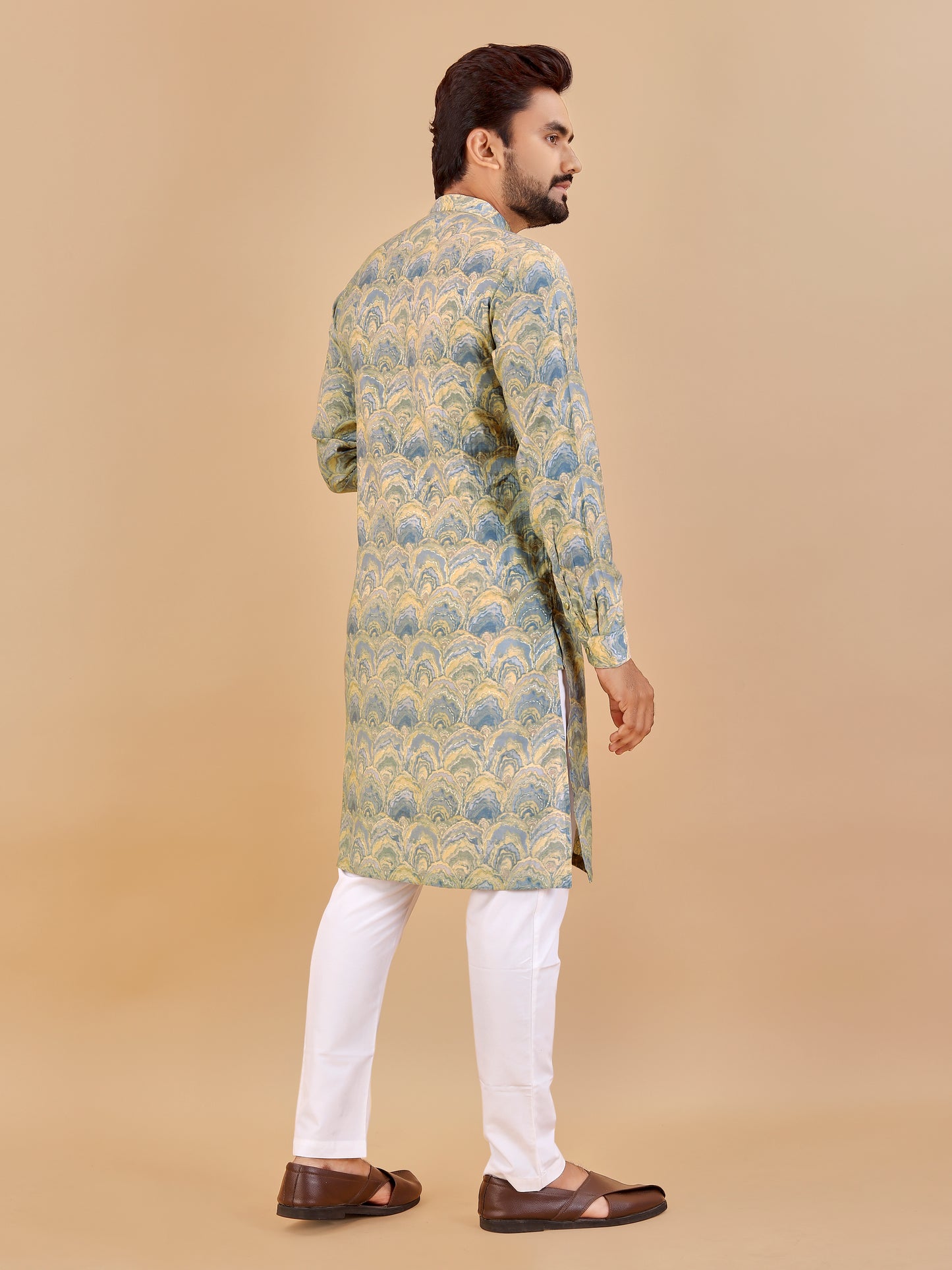 Manzar Grey Cream Cotton Foil Printed Kurta Pajama for Men