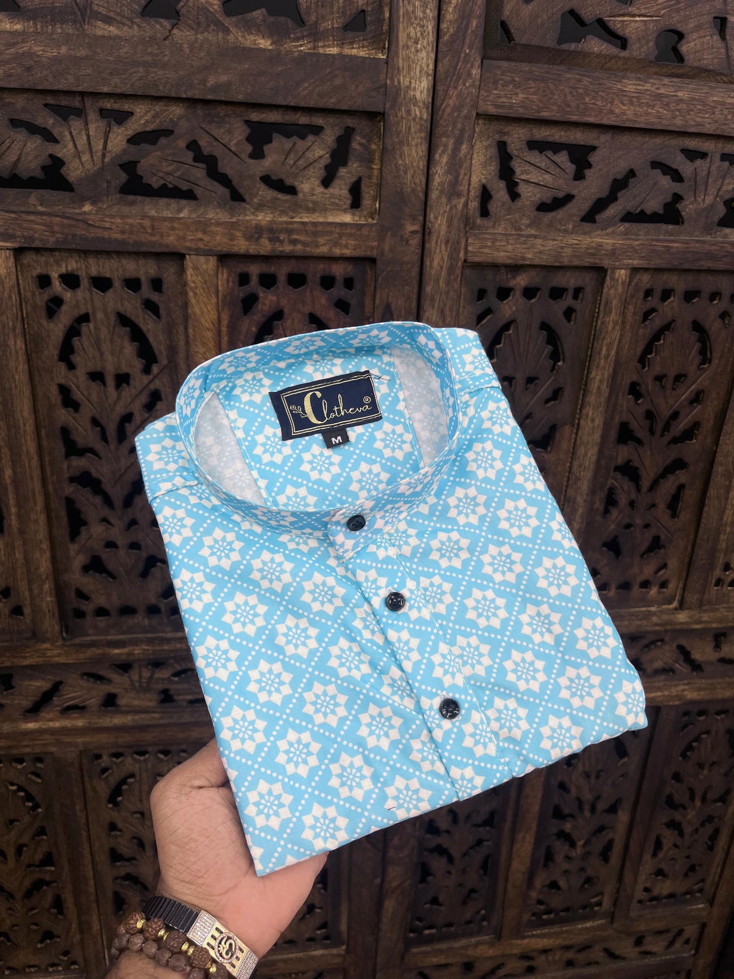 Sky blue Color Printed Short Kurta Shirt For Men