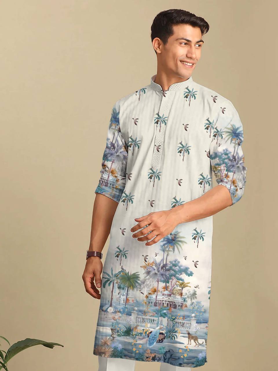 Reyon Silk Digital Print Kurta For Men