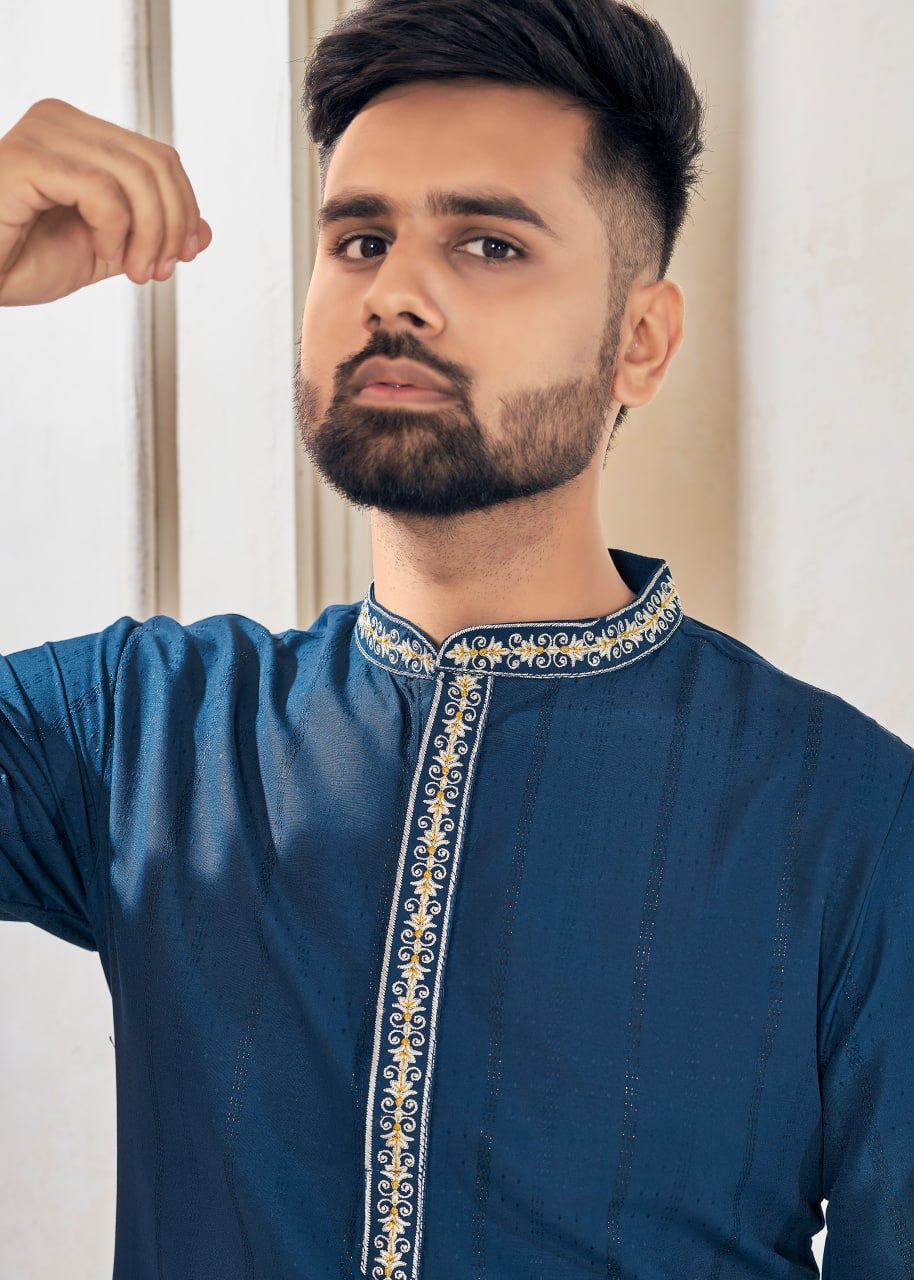Rama Viscose Weaving Stripe With Embroidery Work & Stylish Pettern With Pocket & Exclusive Button Kurta For Men