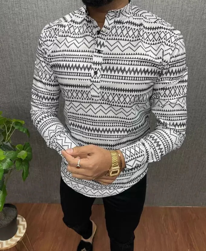 White and Black Printed Short Kurta