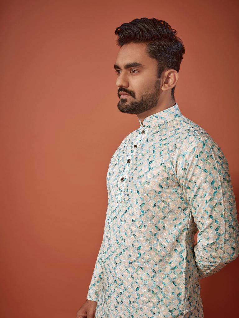 Leela Green Lucknowi Chikankari Kurta Pyjam For Men