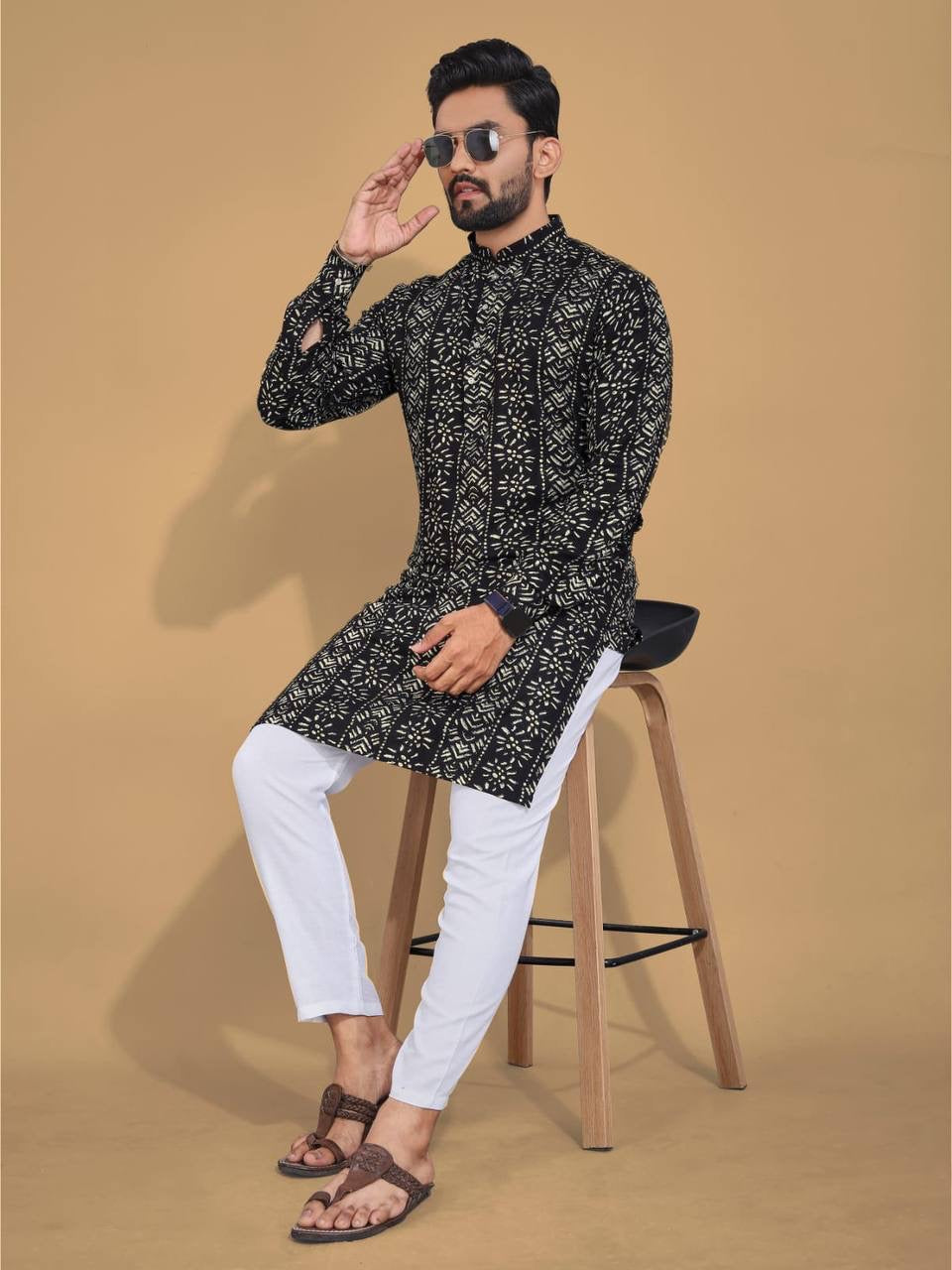 Black Color Cotton Foil Print Kurta pajama For Men