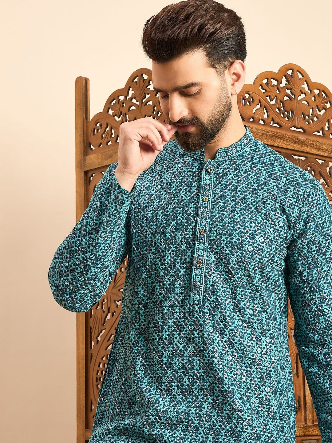 Torquoise Blue Color Reyon with Embroidery and Sequence Work Kurta For Men