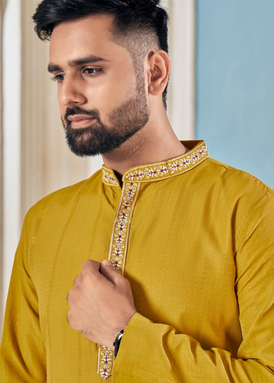 Yellow Viscose Weaving Stripe With Embroidery Work & Stylish Pettern With Pocket & Exclusive Button Kurta For Men