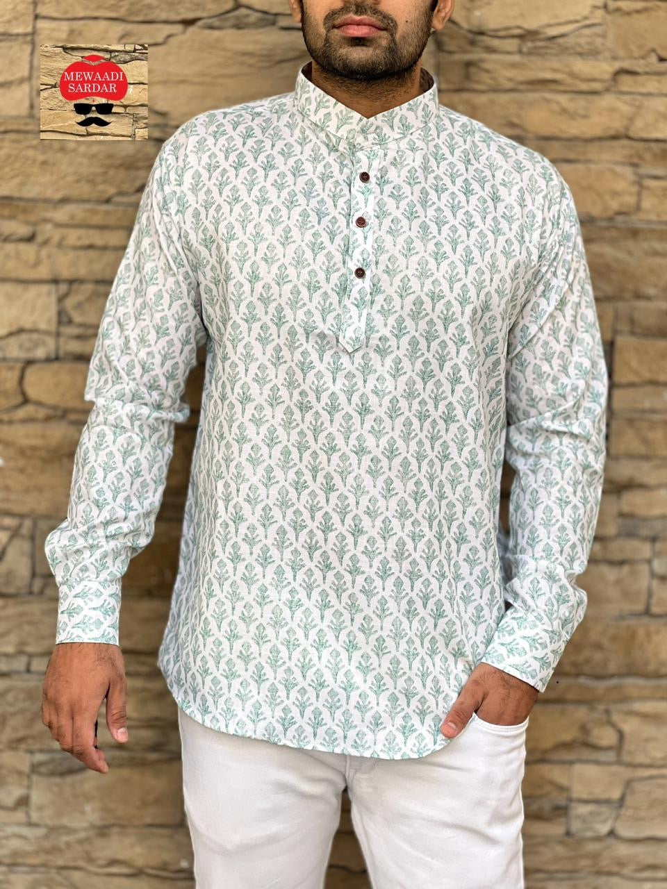 Leo Pista Green Cotton Printed Short Kurta for Men