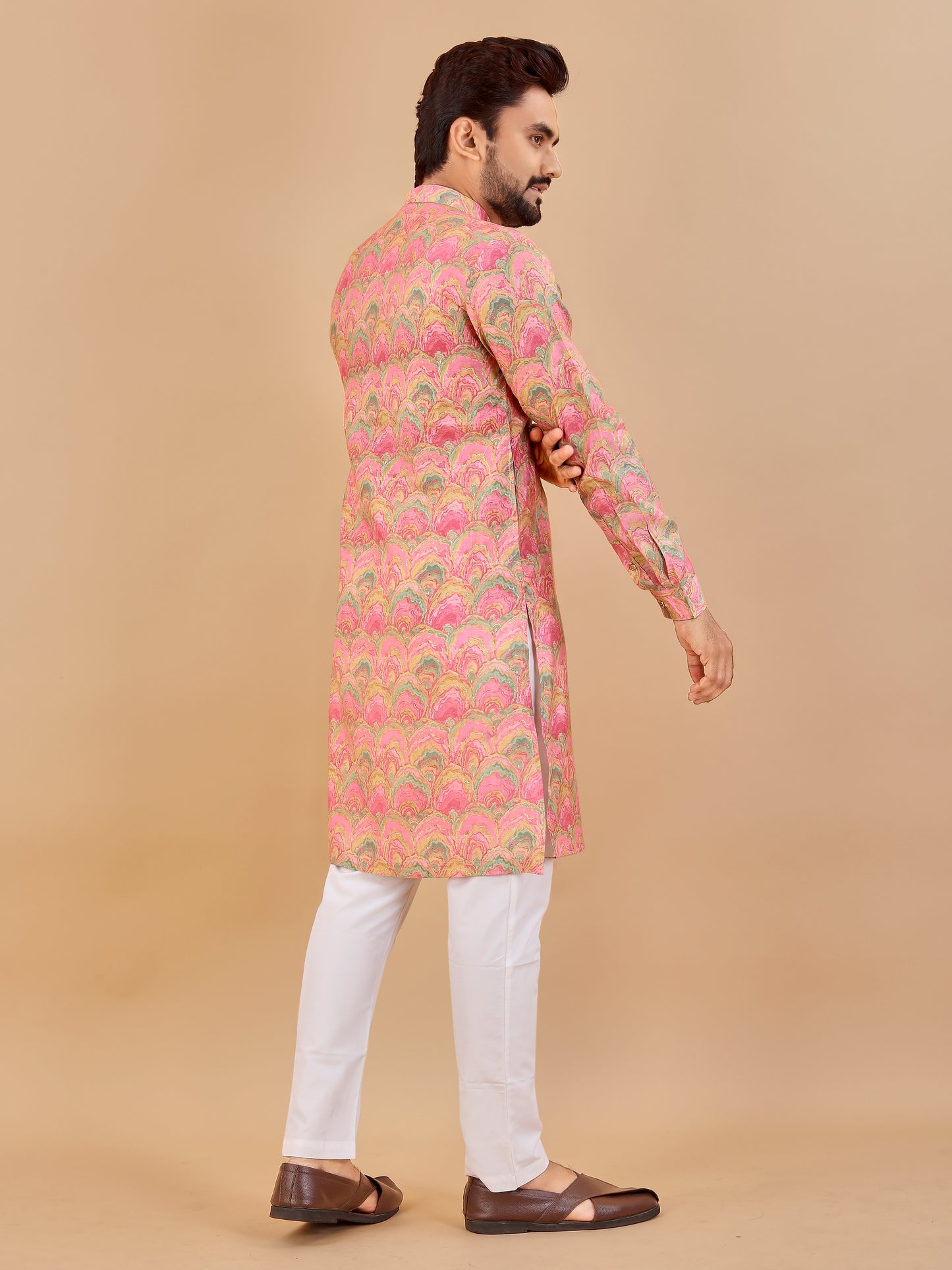 Manzar Pink Cotton Foil Printed Kurta Pajama for Men