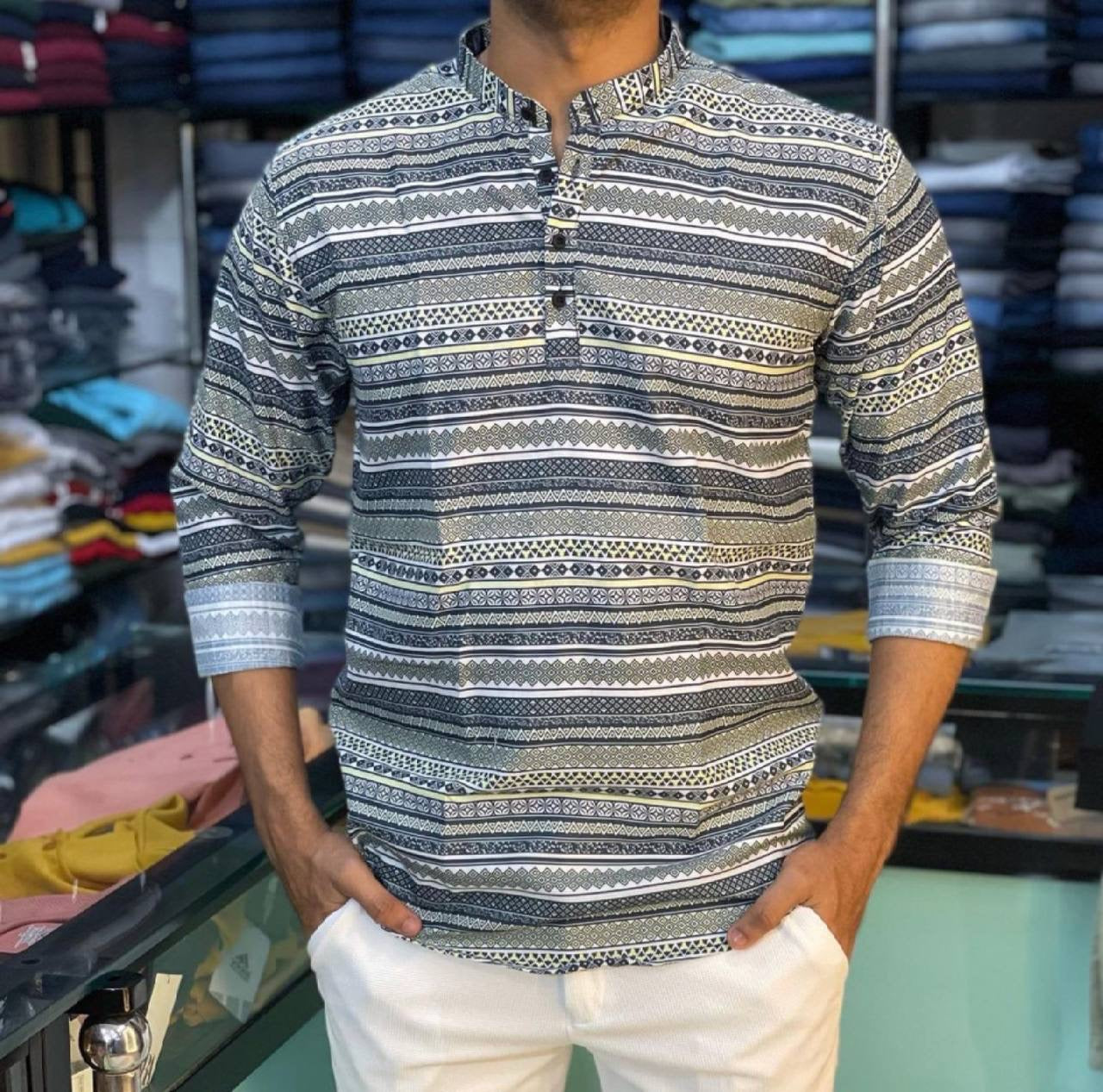 Grey Printed Short Kurta for men