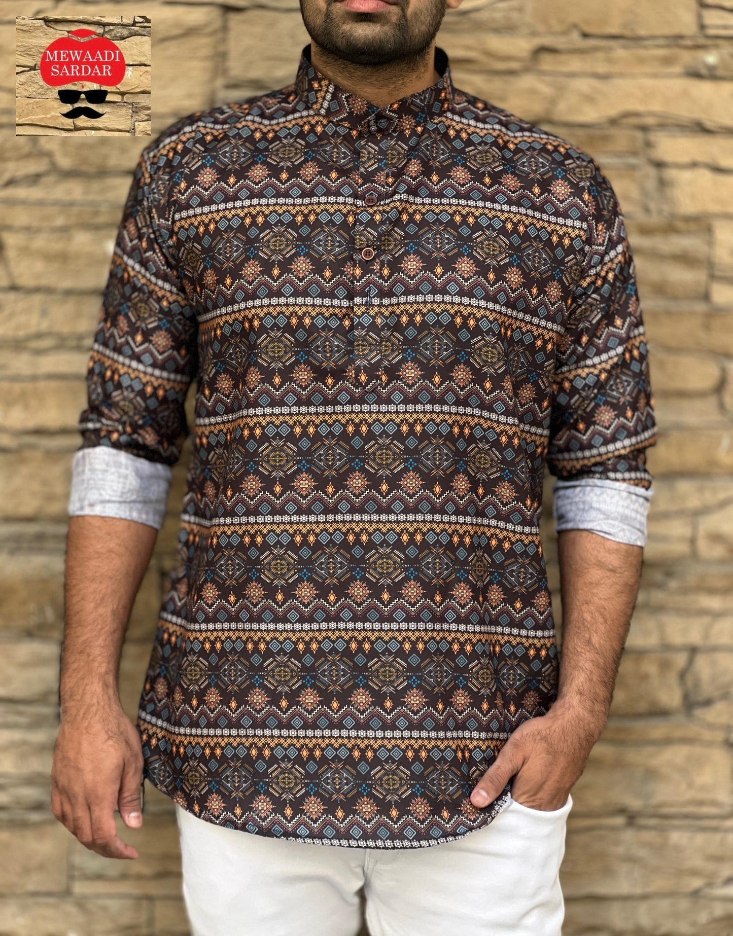 Leo Brown Cotton Printed Short Kurta for Men