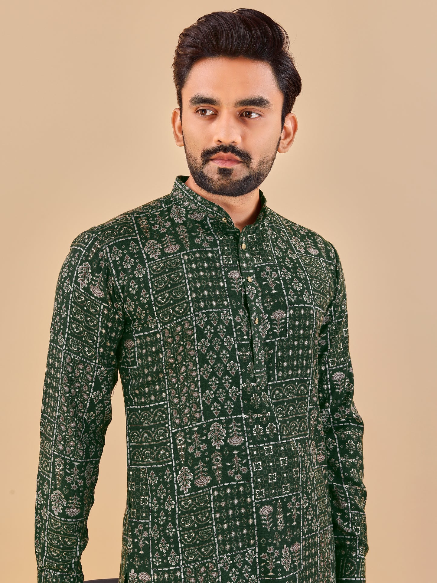 Manzar Green Cotton Foil Printed Kurta Pyjama for Men