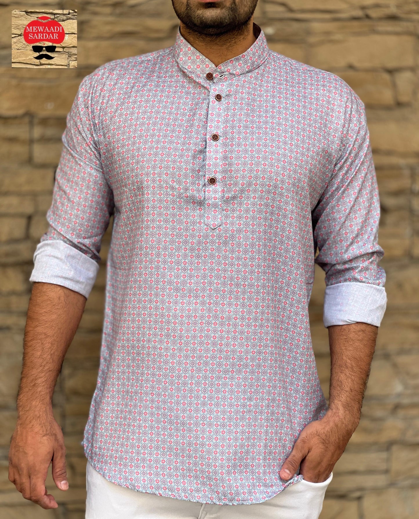 Leo pink Cotton Printed Short Kurta for Men