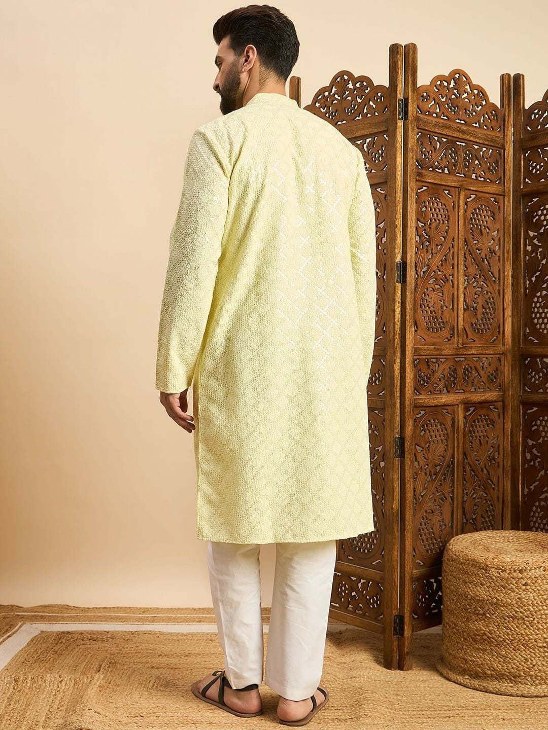 Light Yellow Color Reyon with Embroidery and Sequence Work Kurta For Men