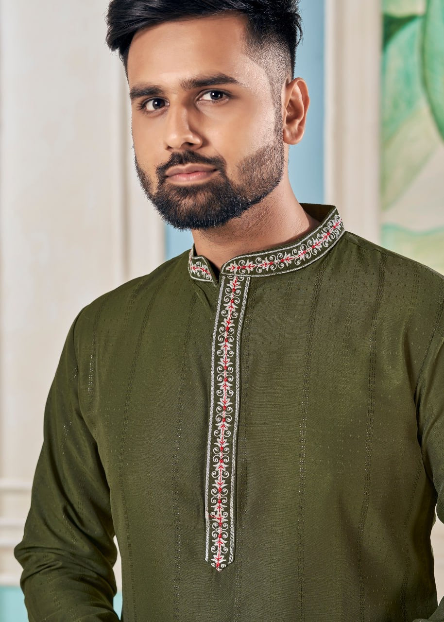 Mehendi Viscose Weaving Stripe With Embroidery Work & Stylish Pettern With Pocket & Exclusive Button Kurta For Men
