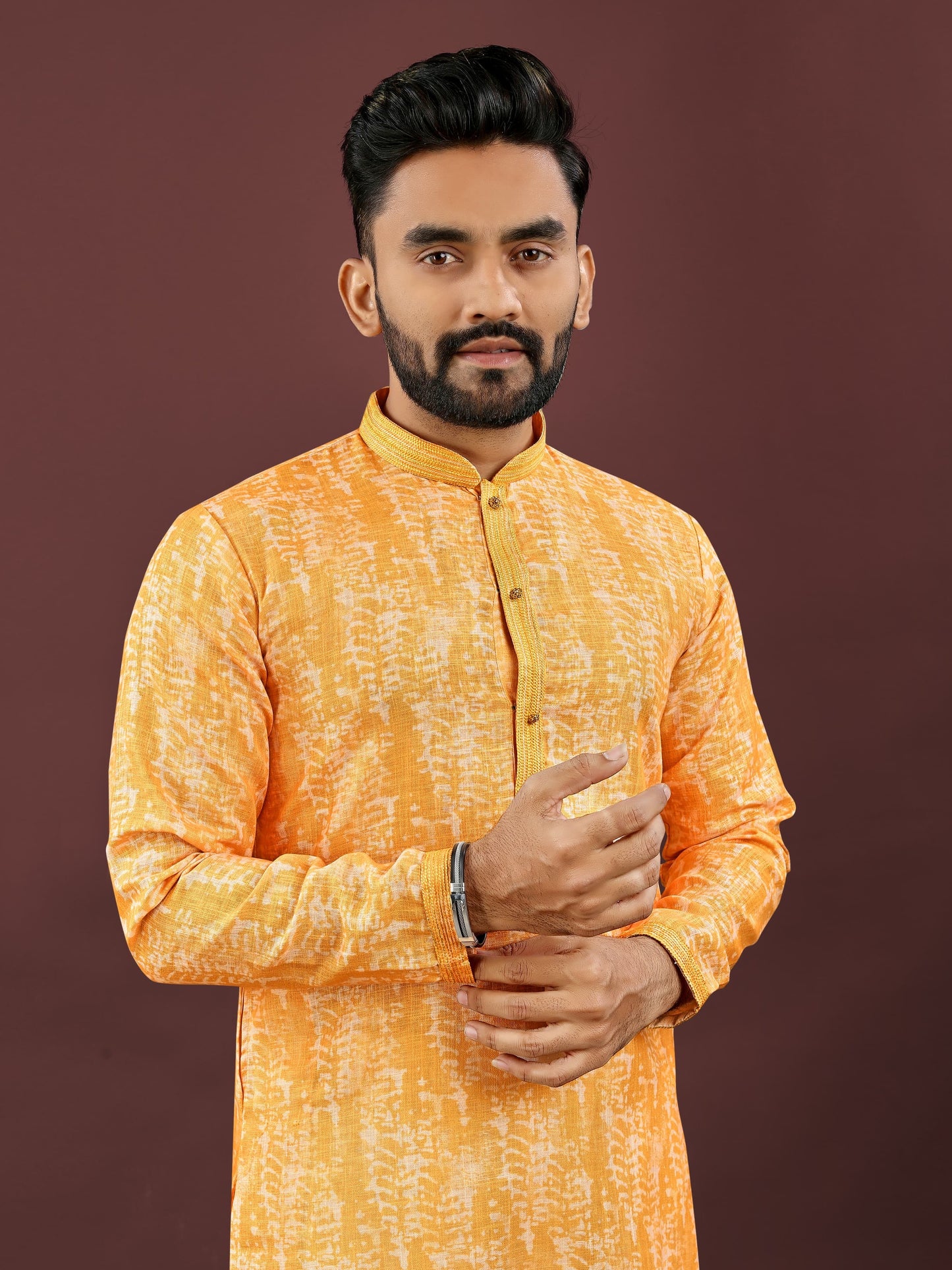Orange Digital Printed Semi Linen Kurta For Men