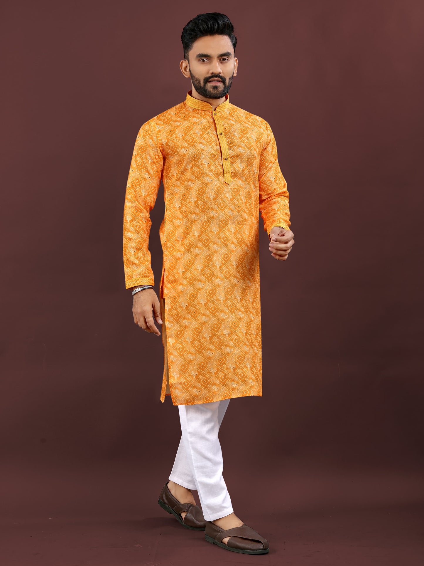 Orange Digital Printed Semi Linen Kurta For Men