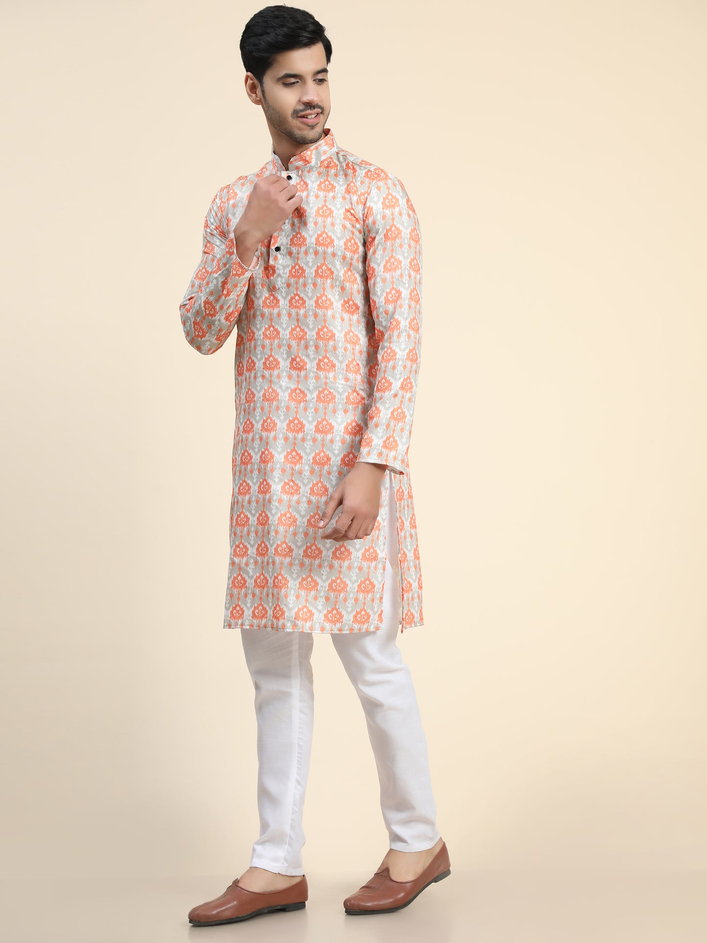 Orange peach Digital Printed Kurta pajama for Men
