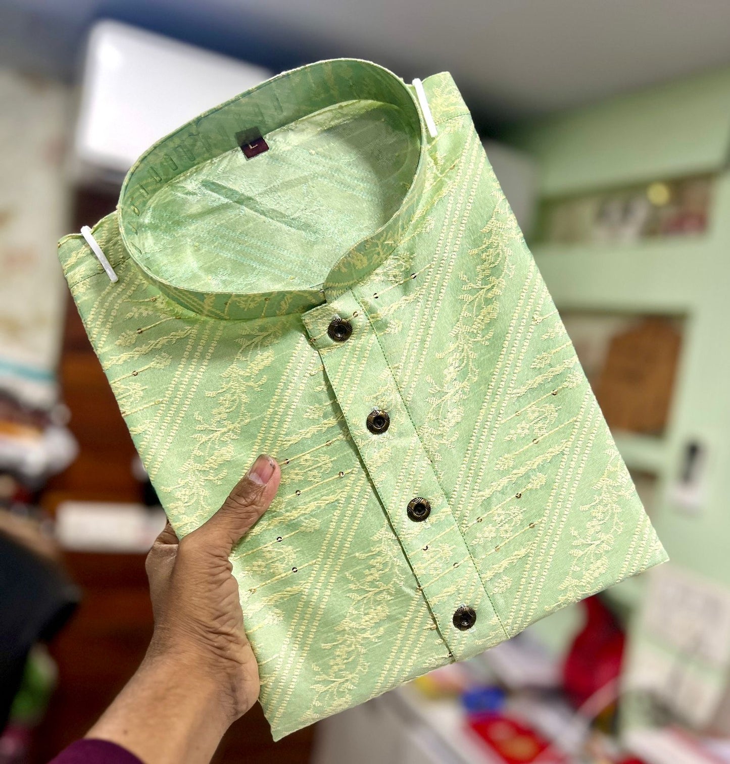 Pista Green Leheriya Sequence Work Kurta Pyjama for Men