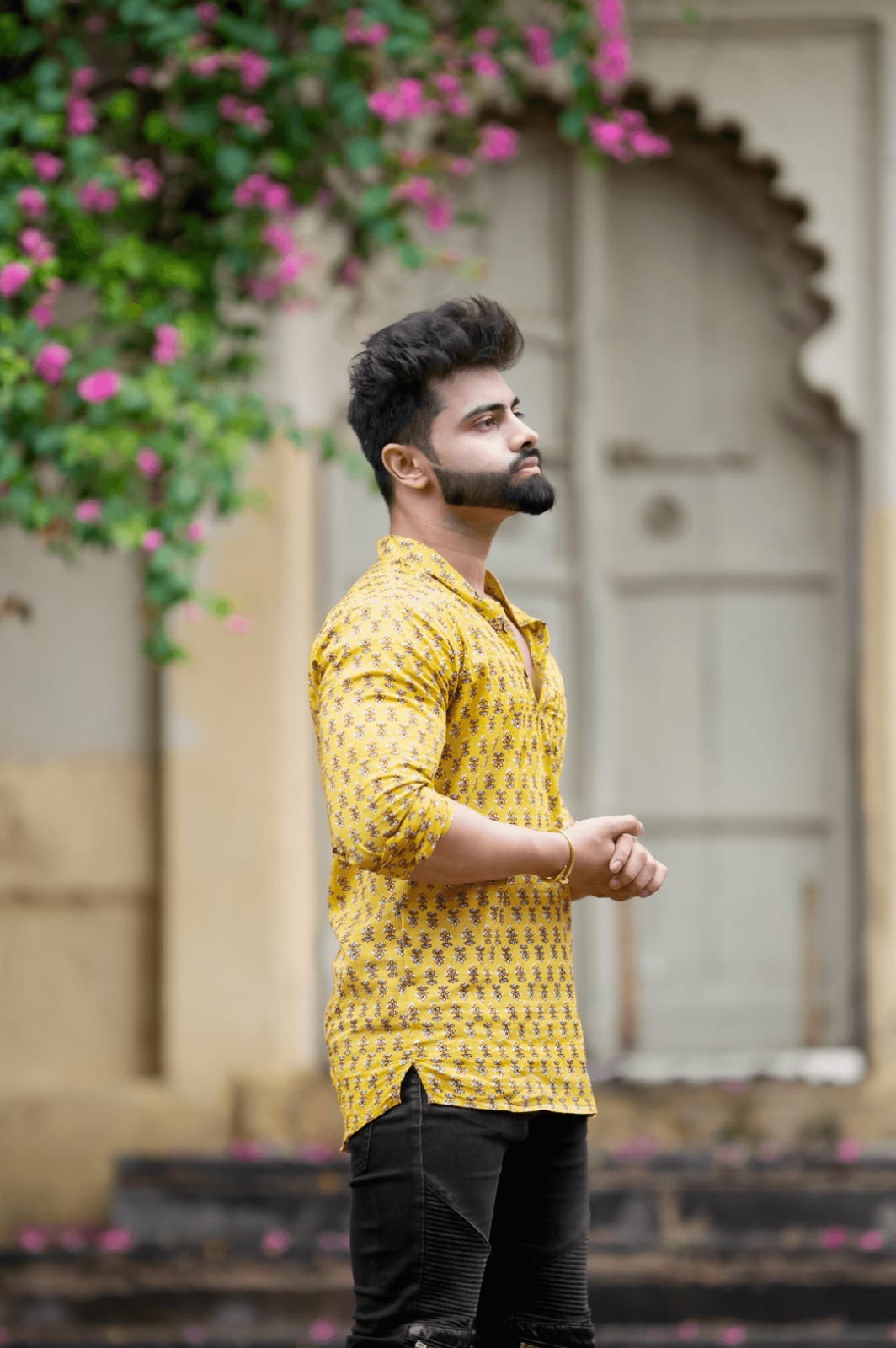Yellow Digital Printed Short Kurta For Men