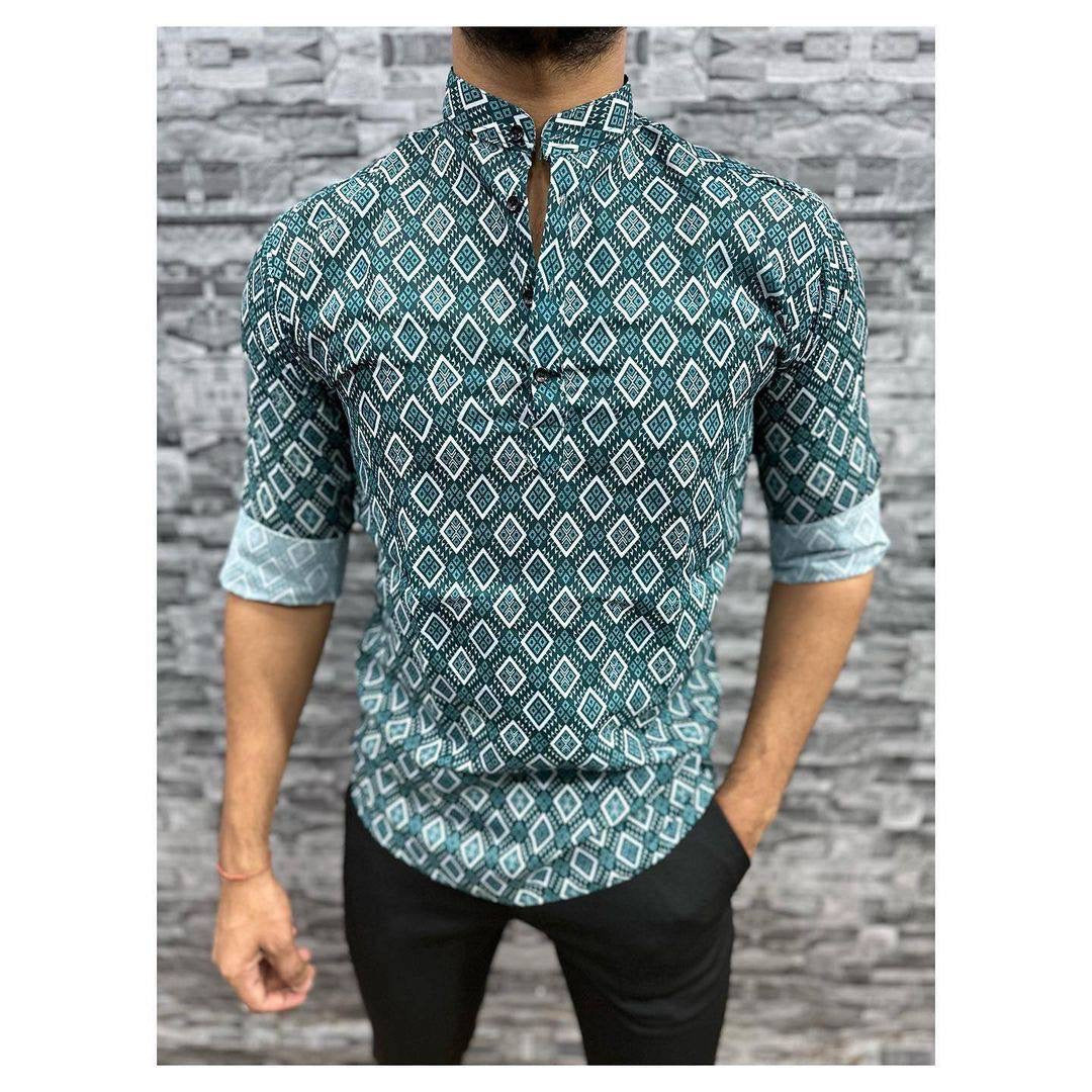 Green Printed Short Kurta for men